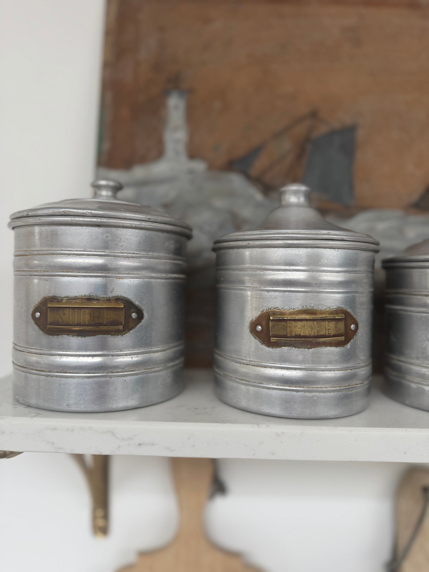 Set Of 5 Vintage French Aluminium Stacking Canisters With Brass Labels