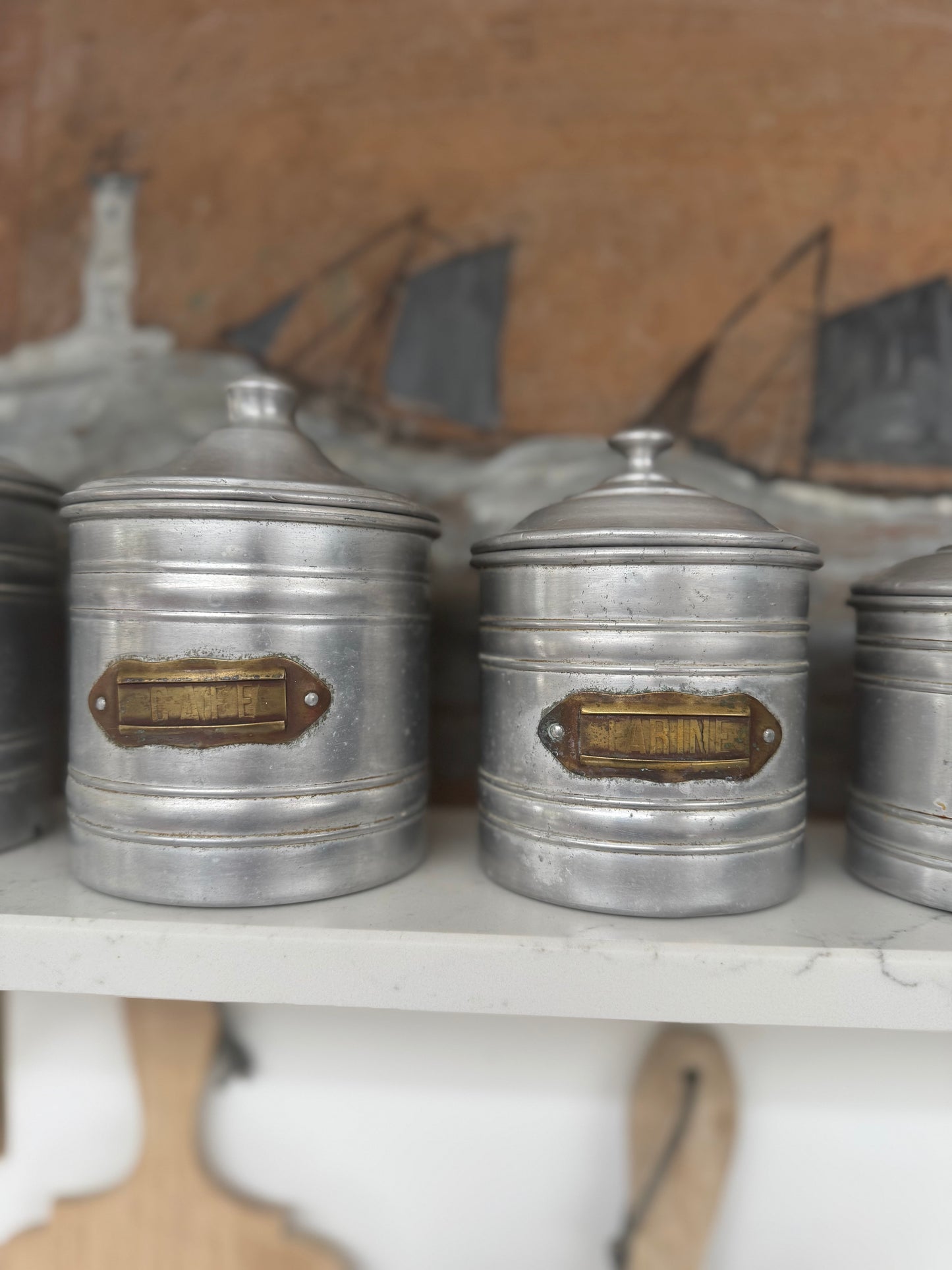 Set Of 5 Vintage French Aluminium Stacking Canisters With Brass Labels