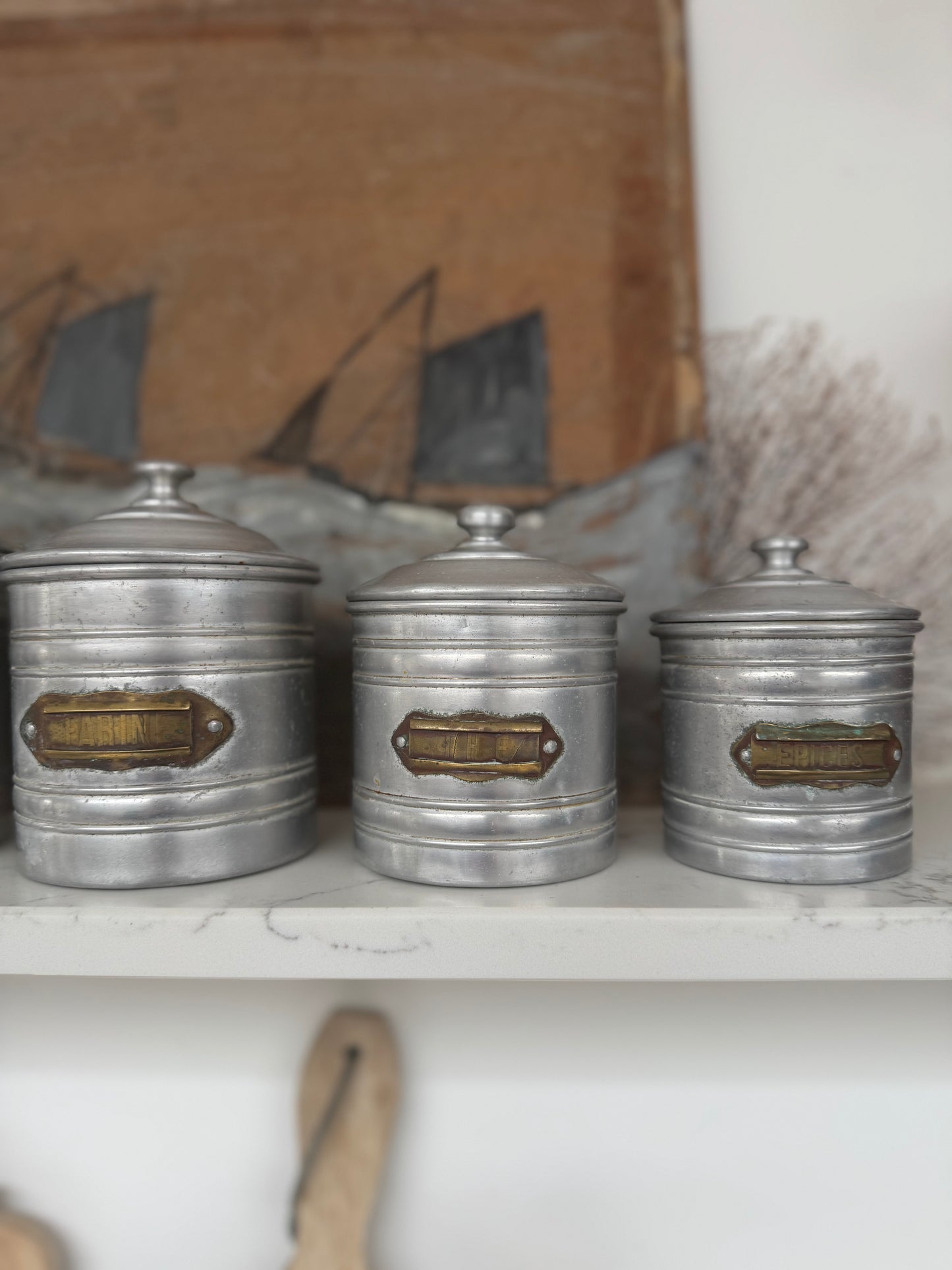 Set Of 5 Vintage French Aluminium Stacking Canisters With Brass Labels