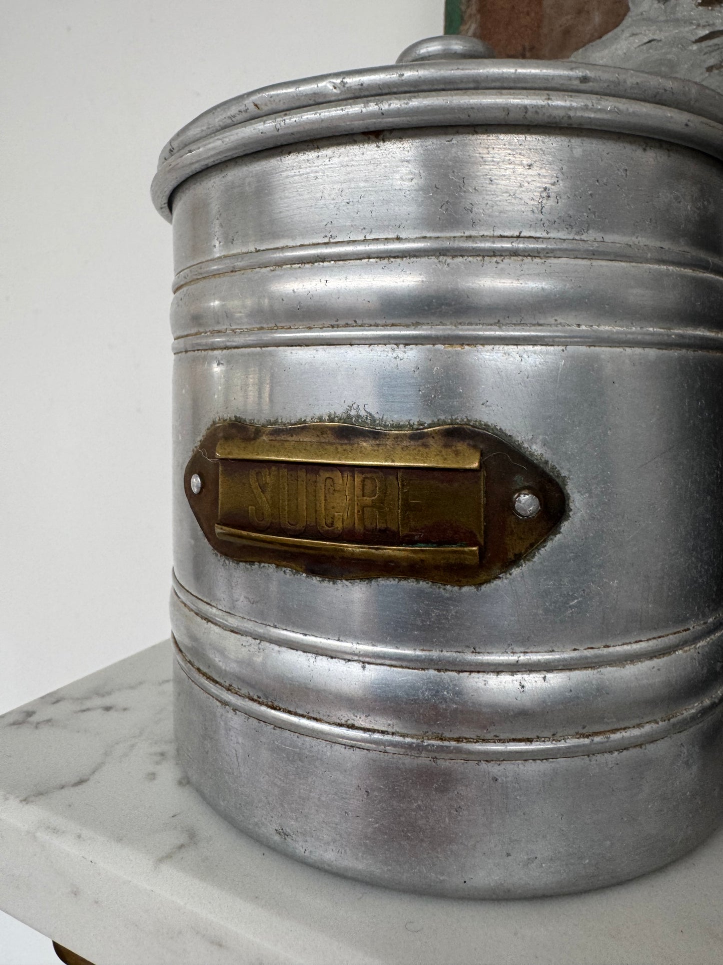 Set Of 5 Vintage French Aluminium Stacking Canisters With Brass Labels