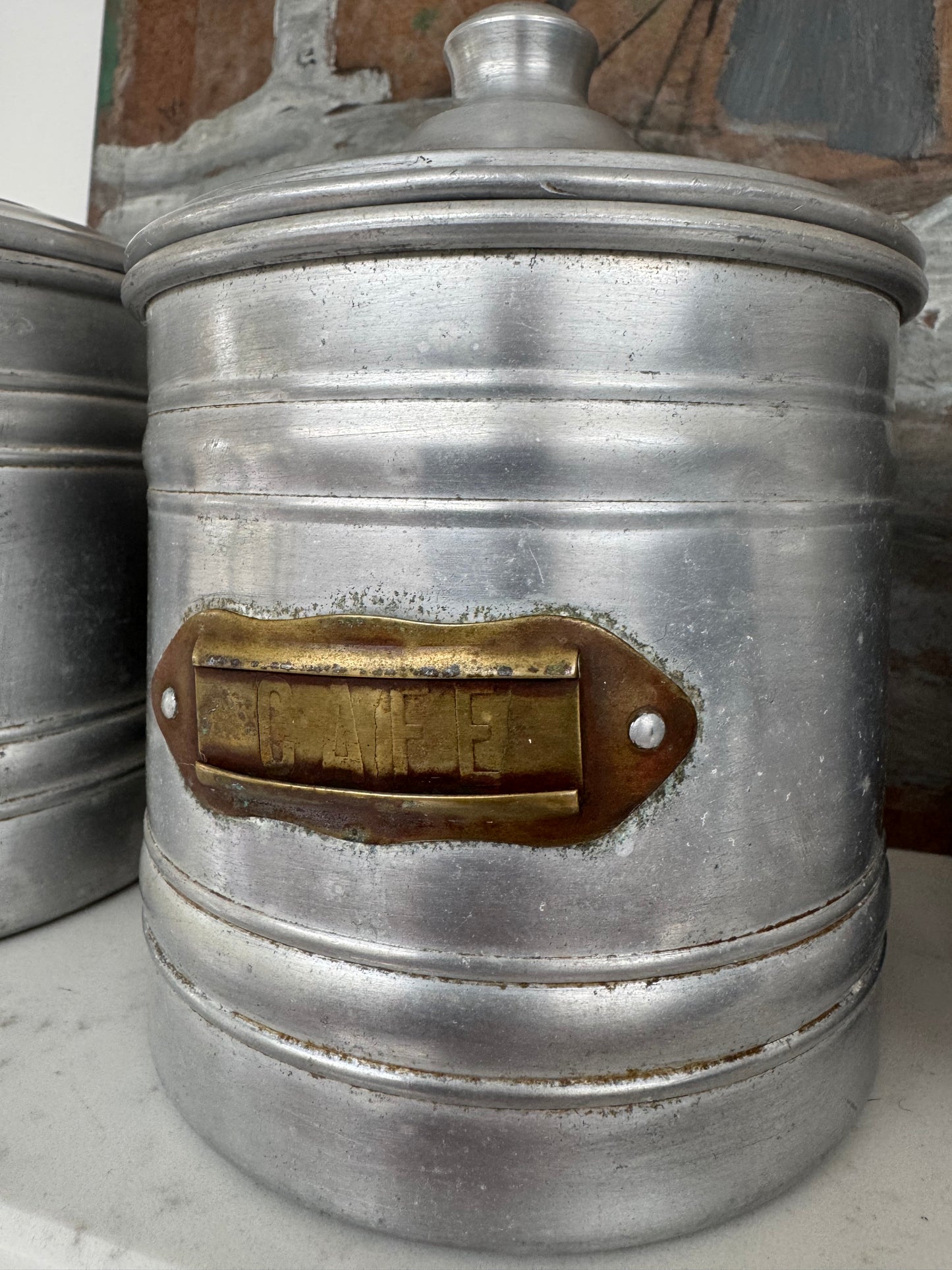 Set Of 5 Vintage French Aluminium Stacking Canisters With Brass Labels