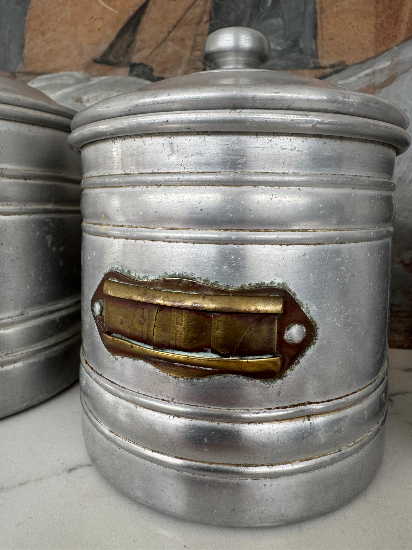 Set Of 5 Vintage French Aluminium Stacking Canisters With Brass Labels