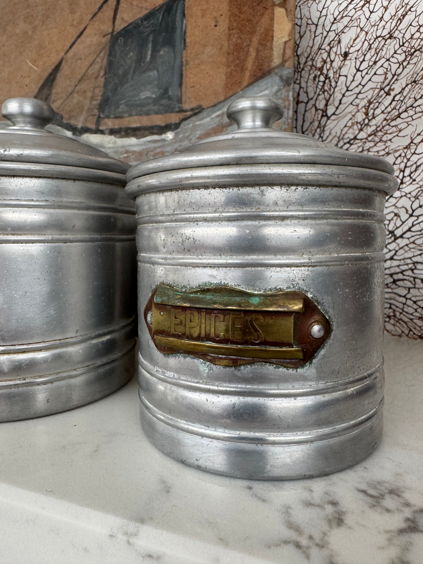 Set Of 5 Vintage French Aluminium Stacking Canisters With Brass Labels