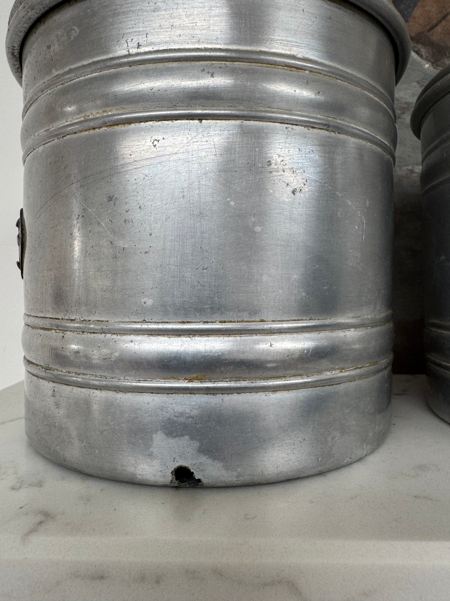 Set Of 5 Vintage French Aluminium Stacking Canisters With Brass Labels
