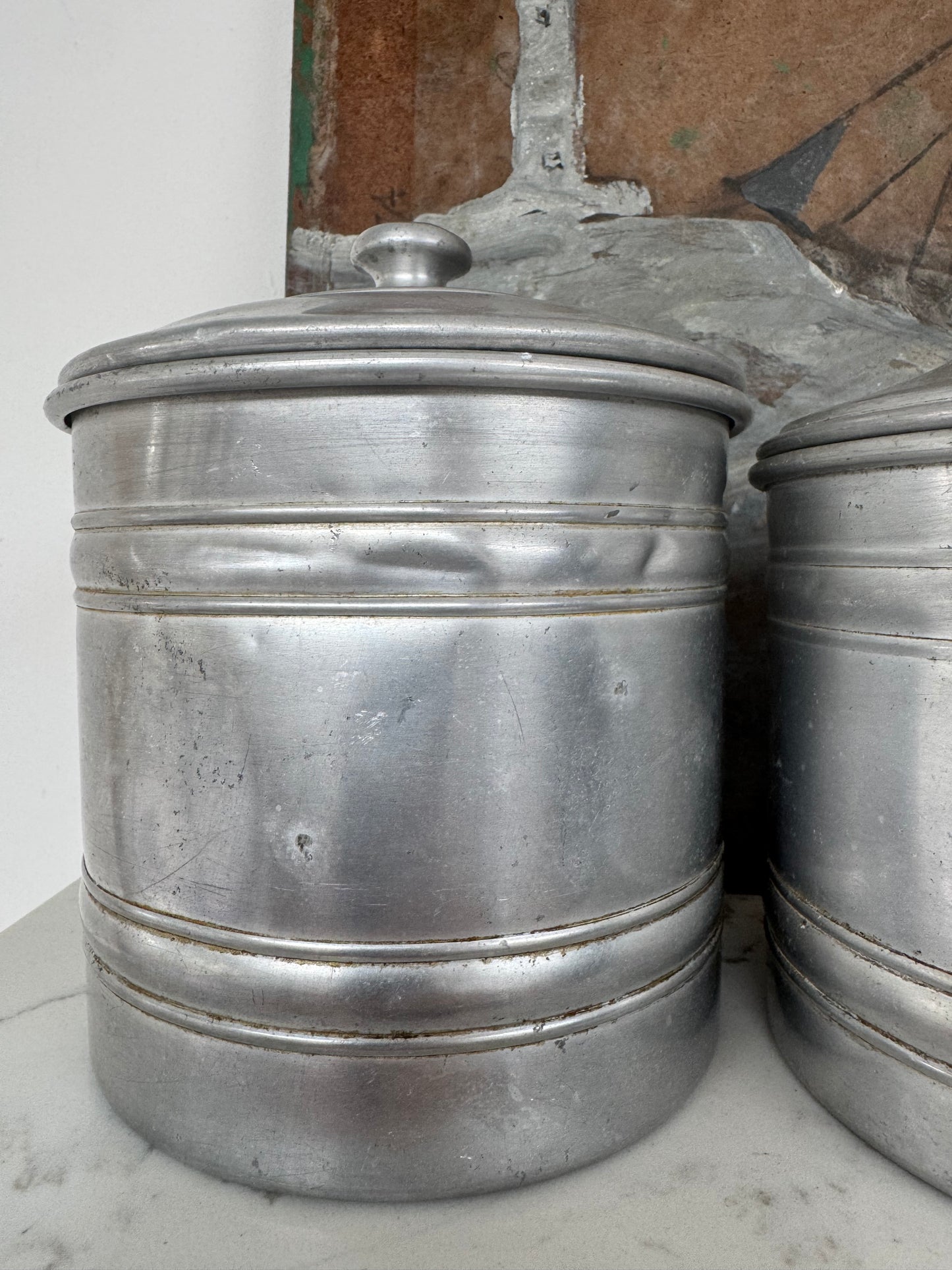 Set Of 5 Vintage French Aluminium Stacking Canisters With Brass Labels
