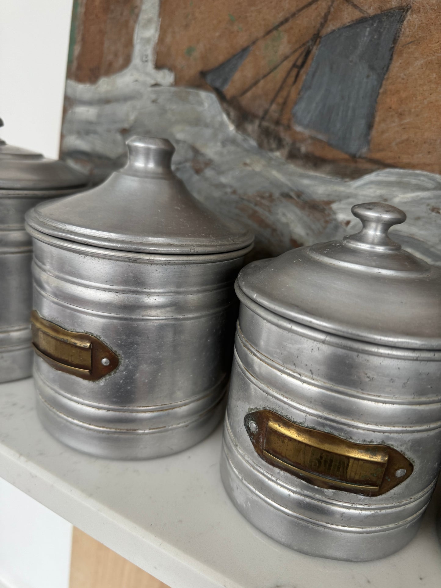 Set Of 5 Vintage French Aluminium Stacking Canisters With Brass Labels