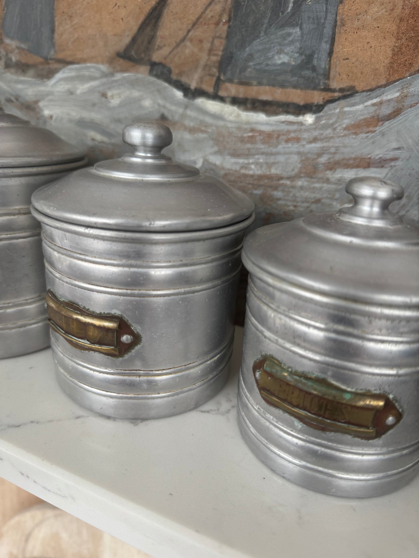 Set Of 5 Vintage French Aluminium Stacking Canisters With Brass Labels