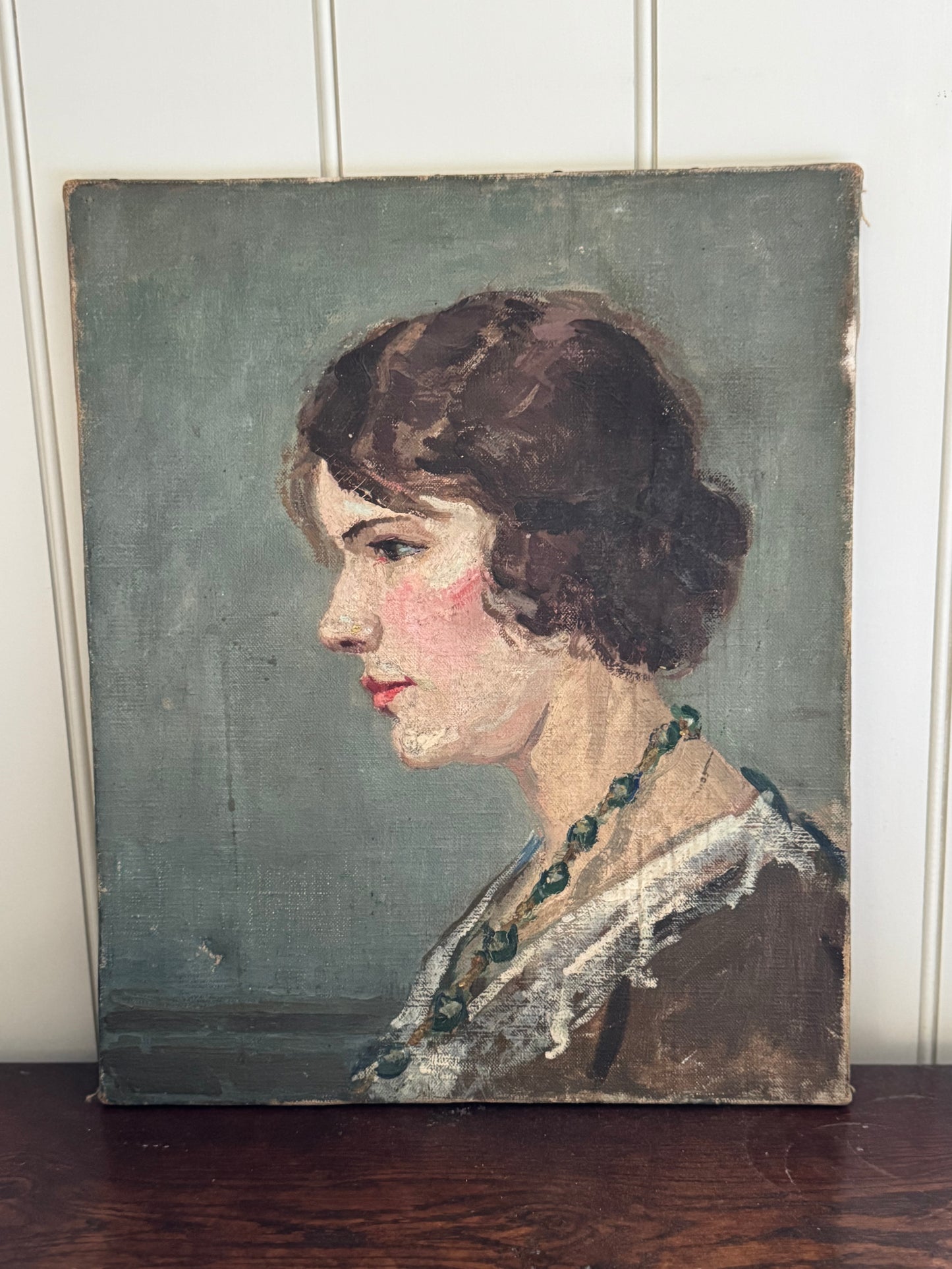 Vintage French Portrait Of A Lady Oil On Canvas