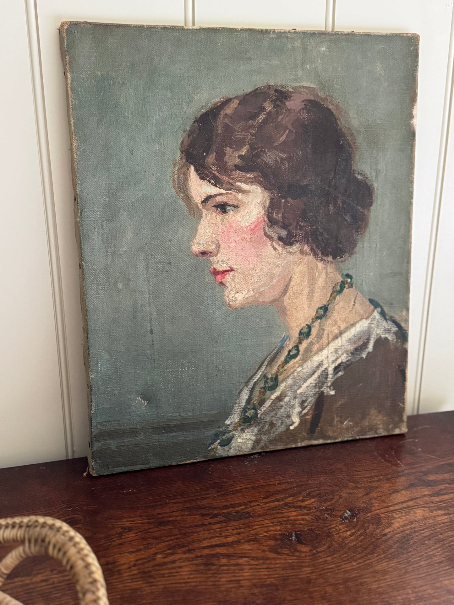 Vintage French Portrait Of A Lady Oil On Canvas