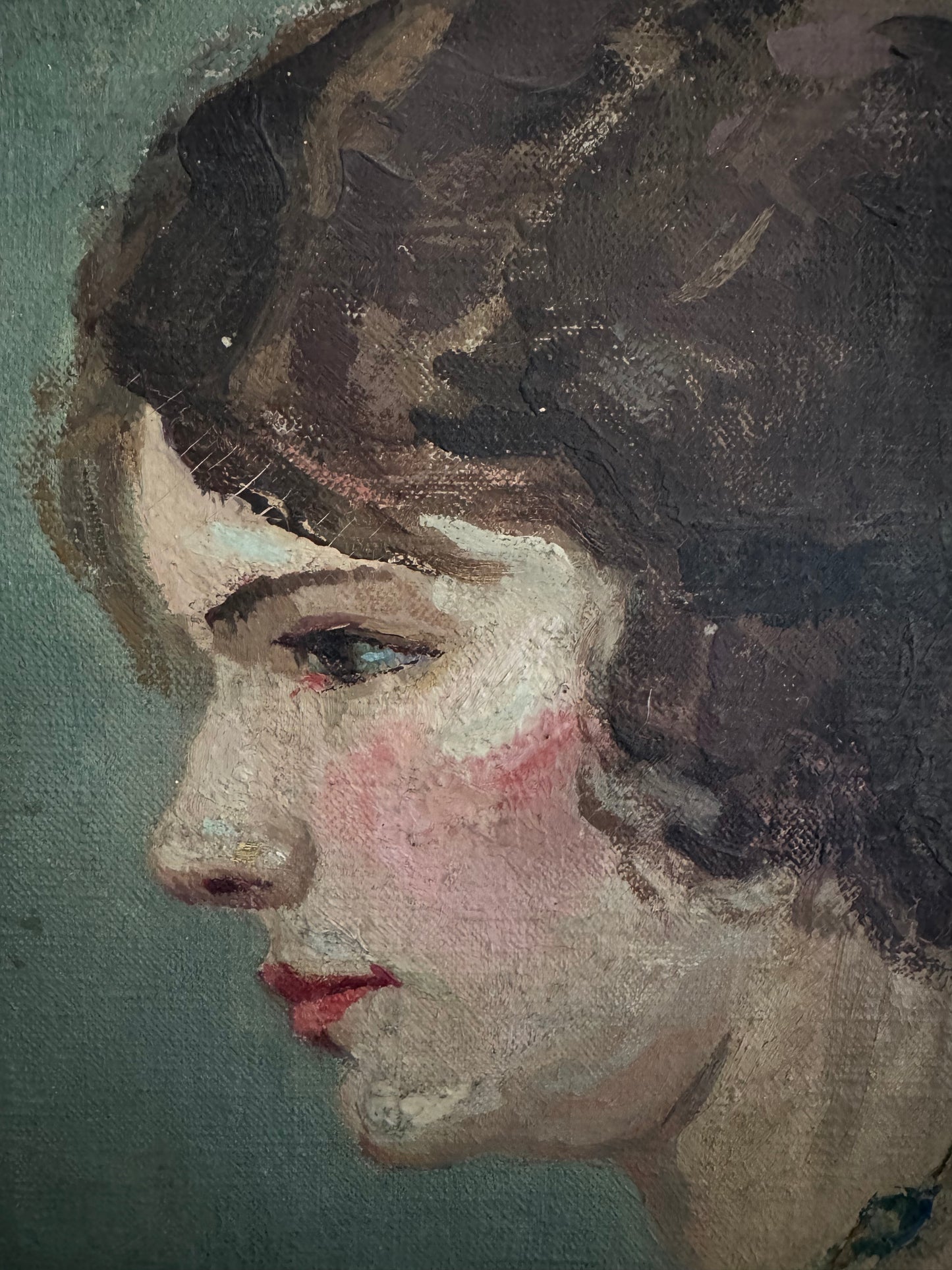 Vintage French Portrait Of A Lady Oil On Canvas