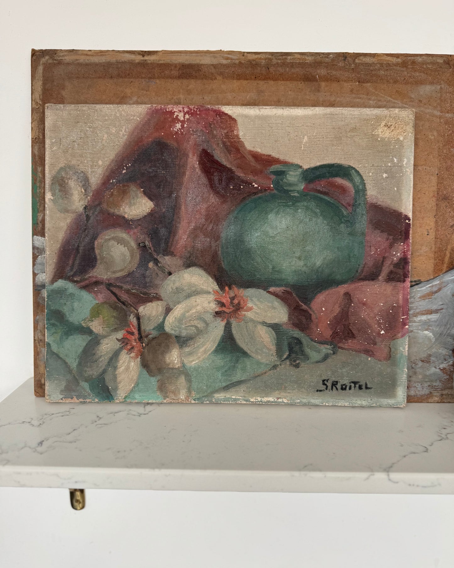 Vintage French Still Life Oil on Canvas Blue Pot