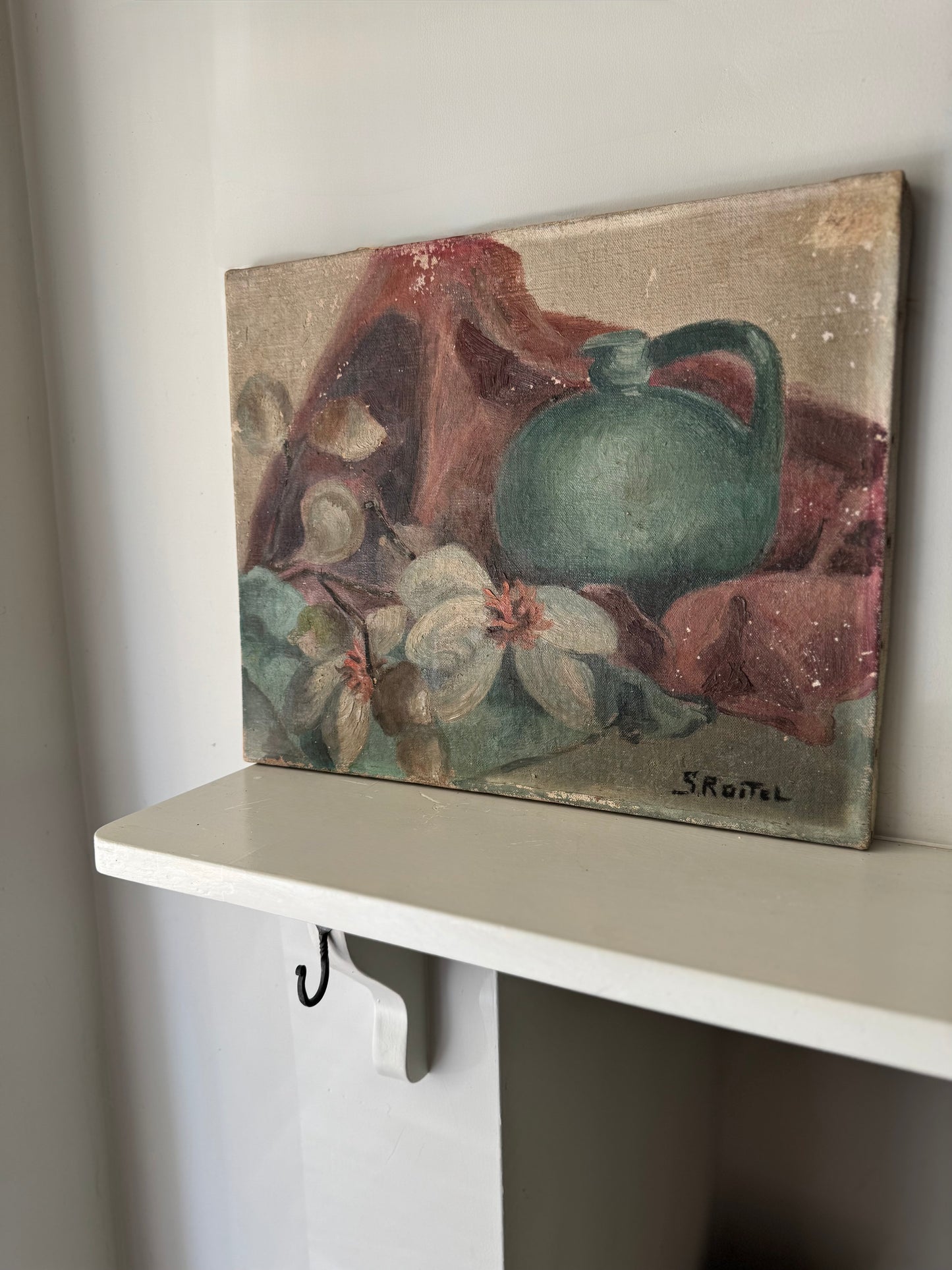 Vintage French Still Life Oil on Canvas Blue Pot
