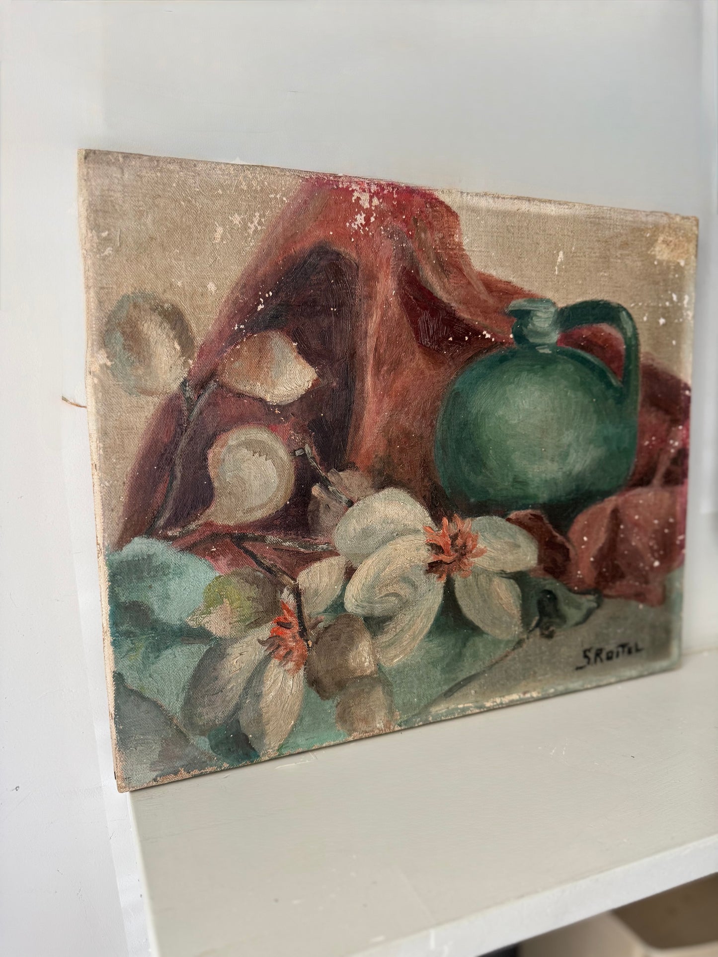 Vintage French Still Life Oil on Canvas Blue Pot