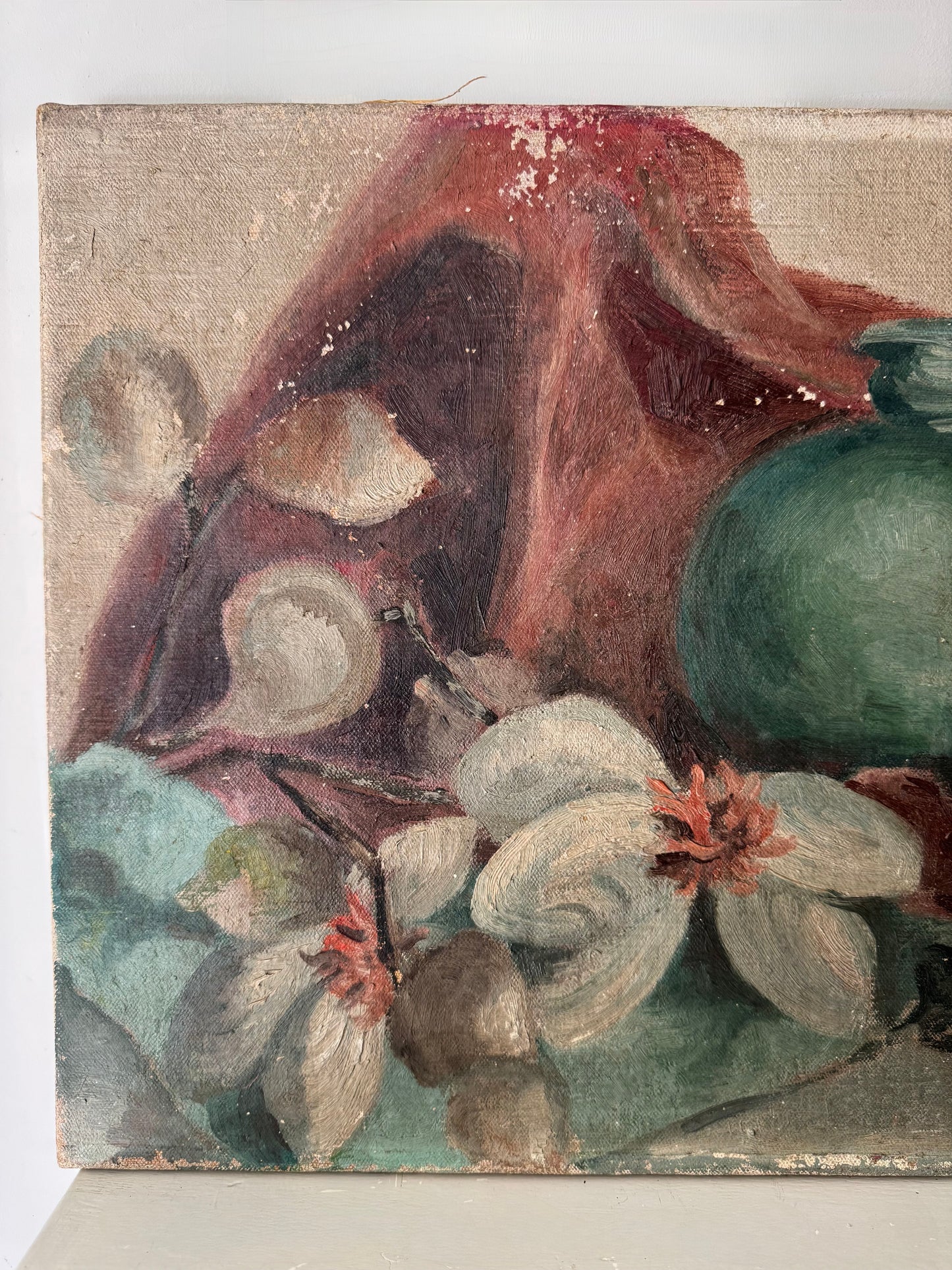 Vintage French Still Life Oil on Canvas Blue Pot