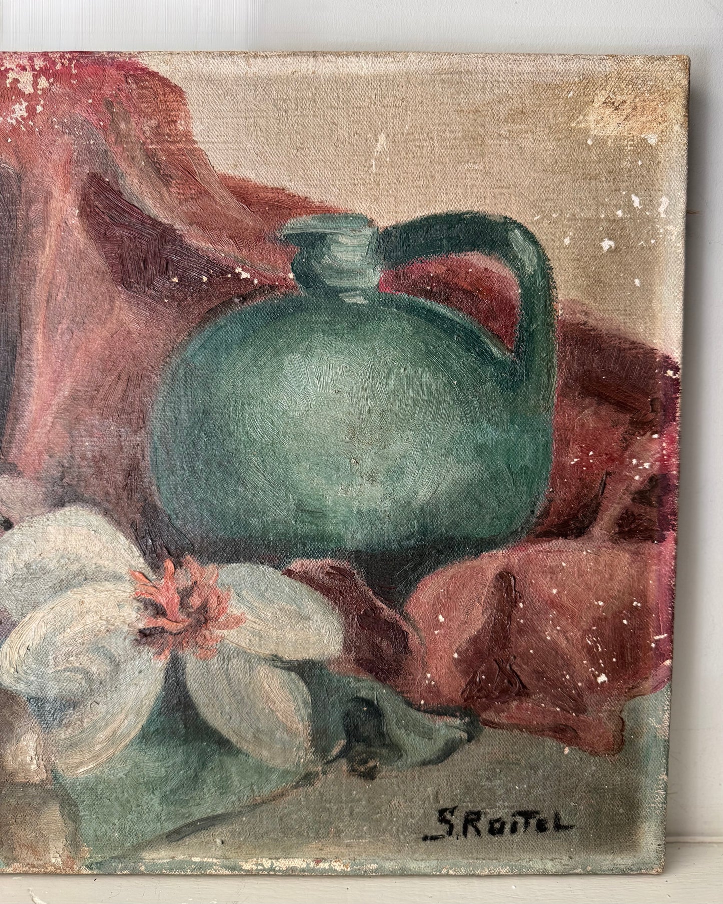 Vintage French Still Life Oil on Canvas Blue Pot