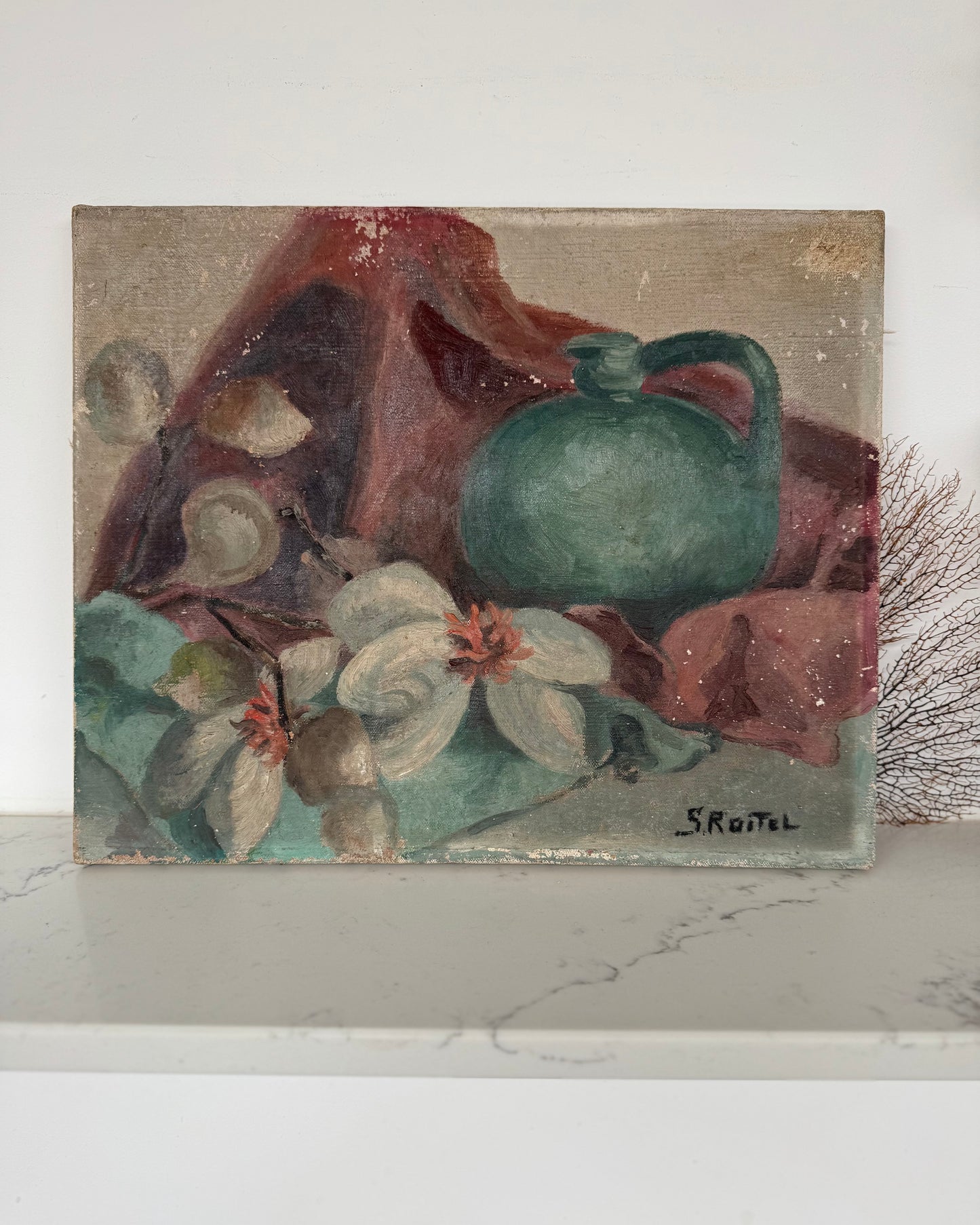 Vintage French Still Life Oil on Canvas Blue Pot