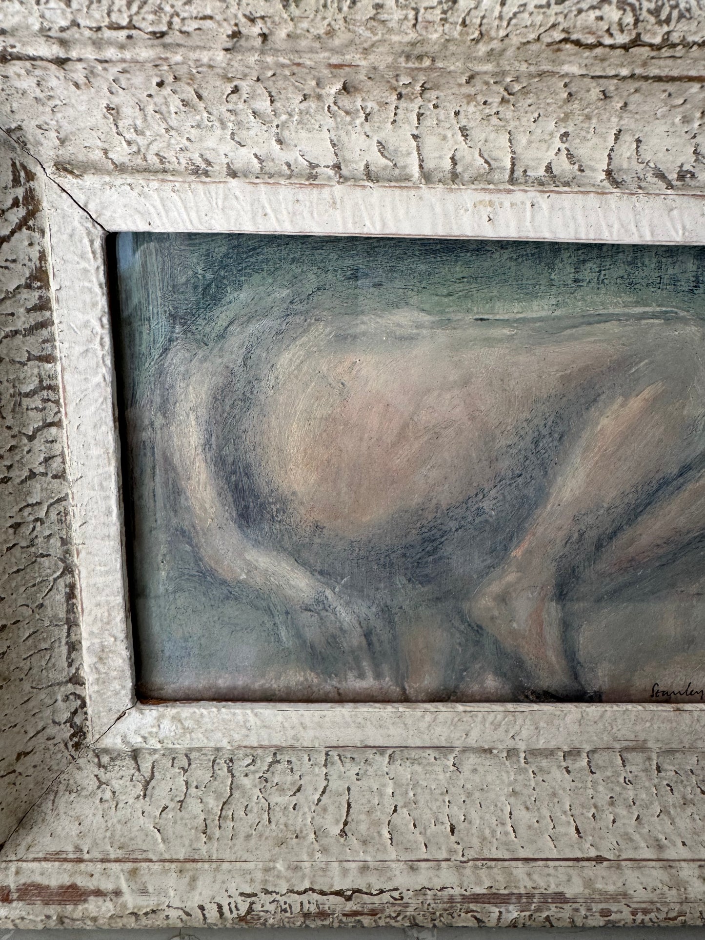 Oil Pastel Abstract Nude Figure Study Framed In Vintage French Frame