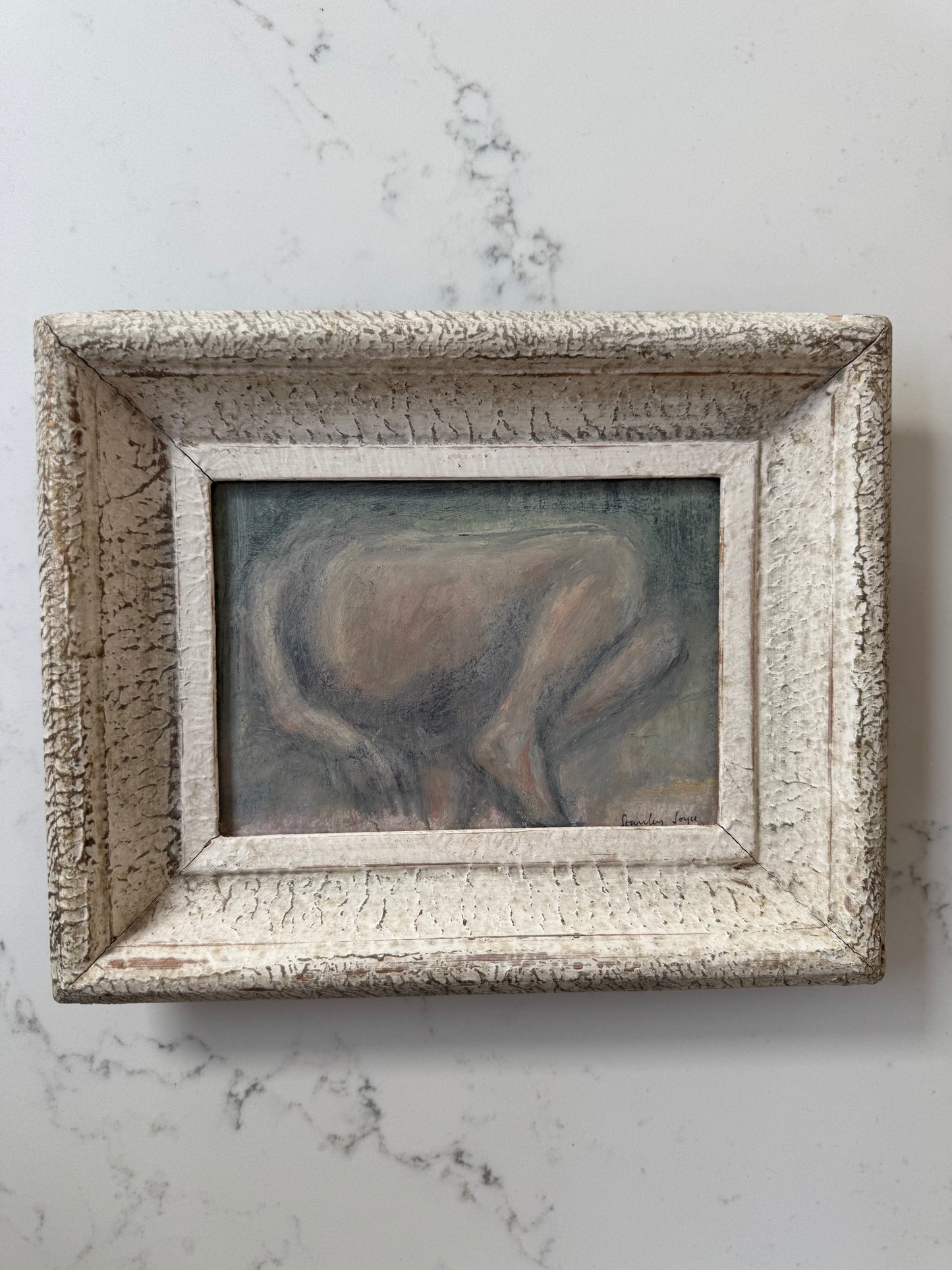 Oil Pastel Abstract Nude Figure Study Framed In Vintage French Frame