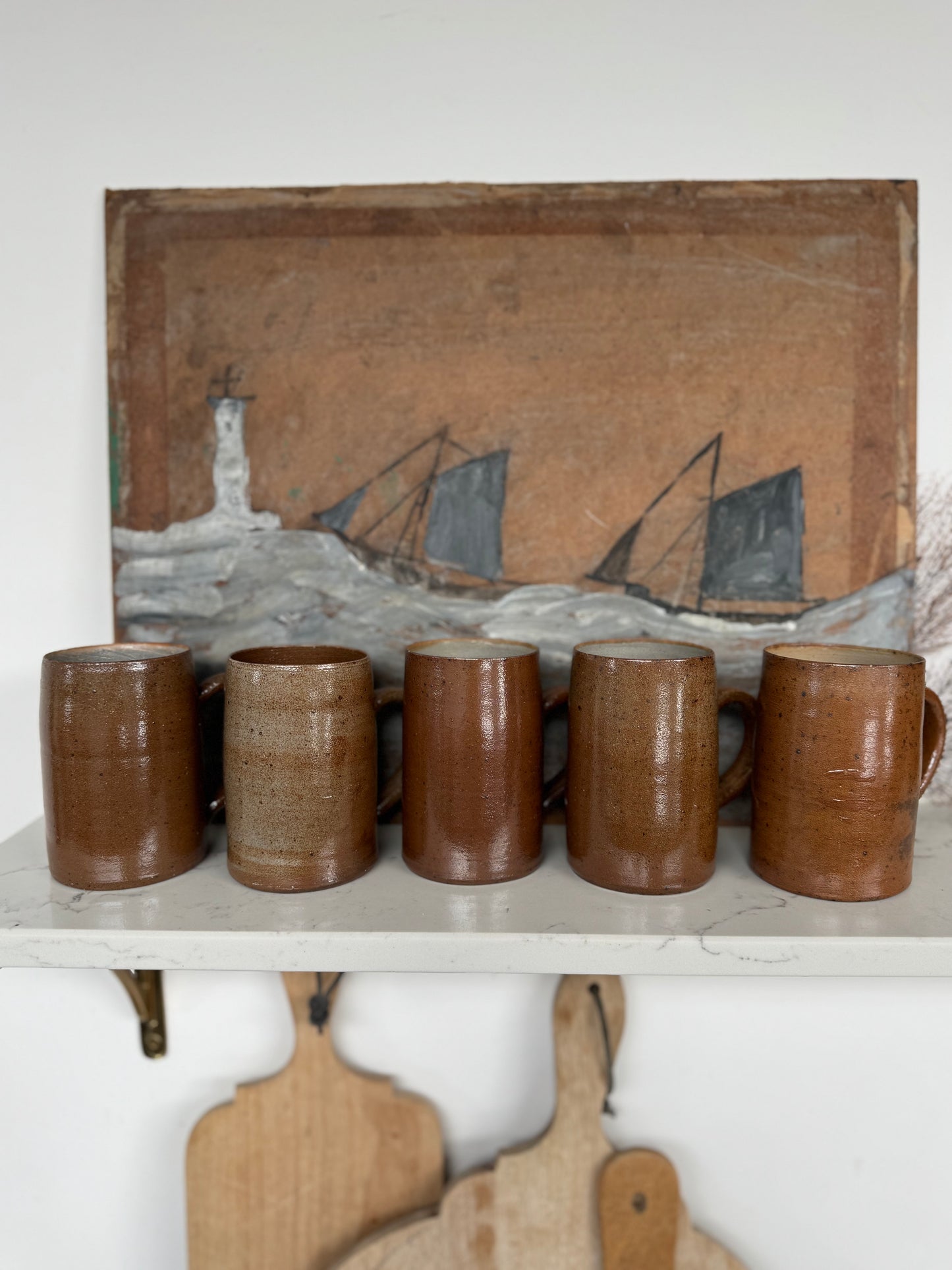 Set Of 5 Vintage French Stoneware Mugs