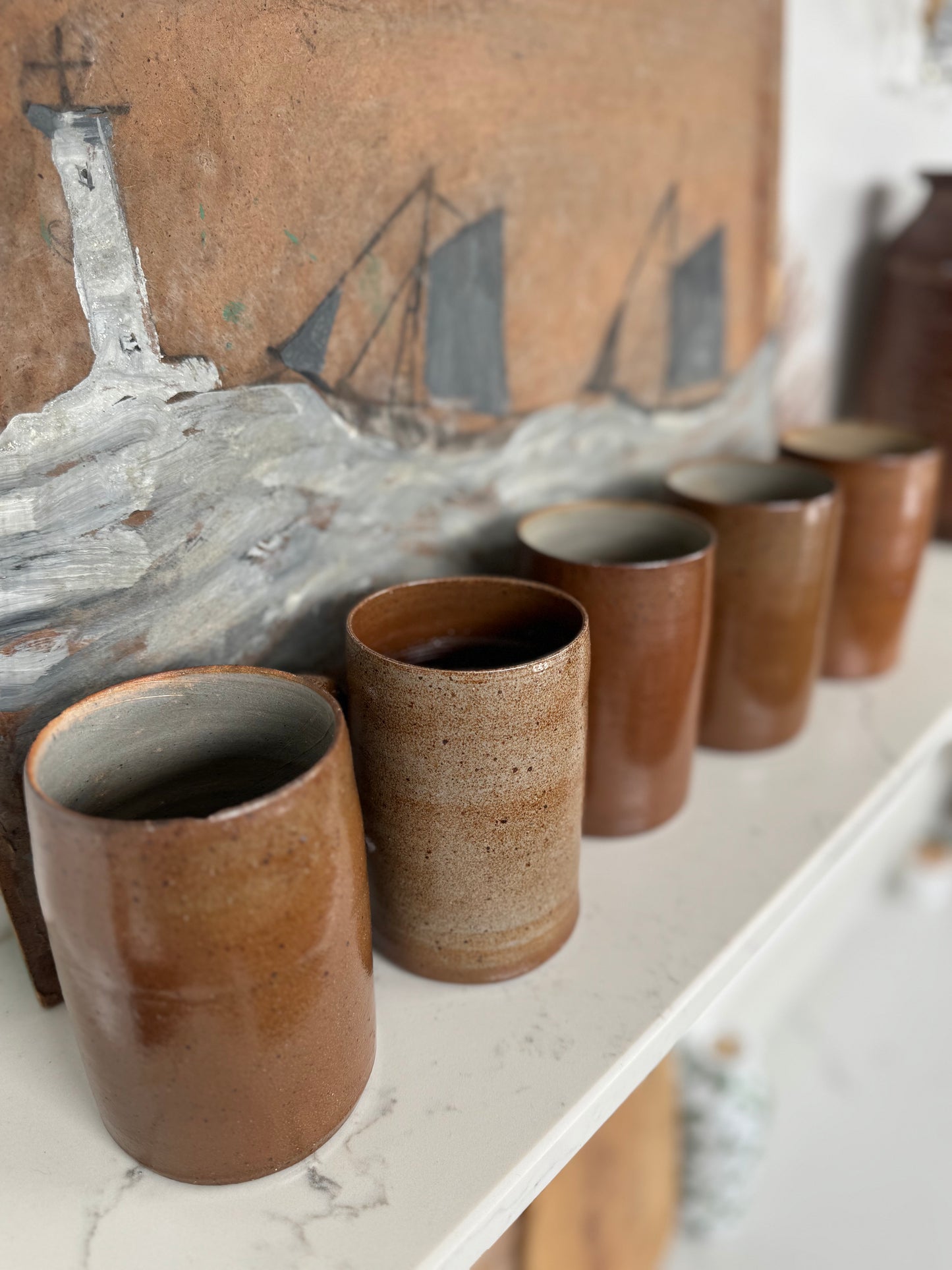 Set Of 5 Vintage French Stoneware Mugs