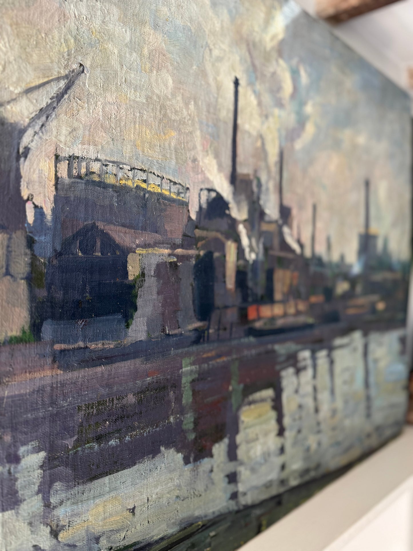 Large Vintage Industrial Landscape Oil On Canvas
