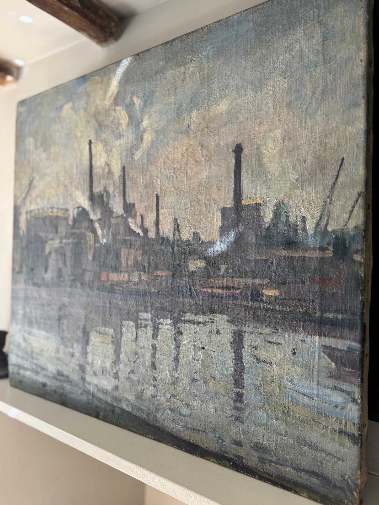 Large Vintage Industrial Landscape Oil On Canvas