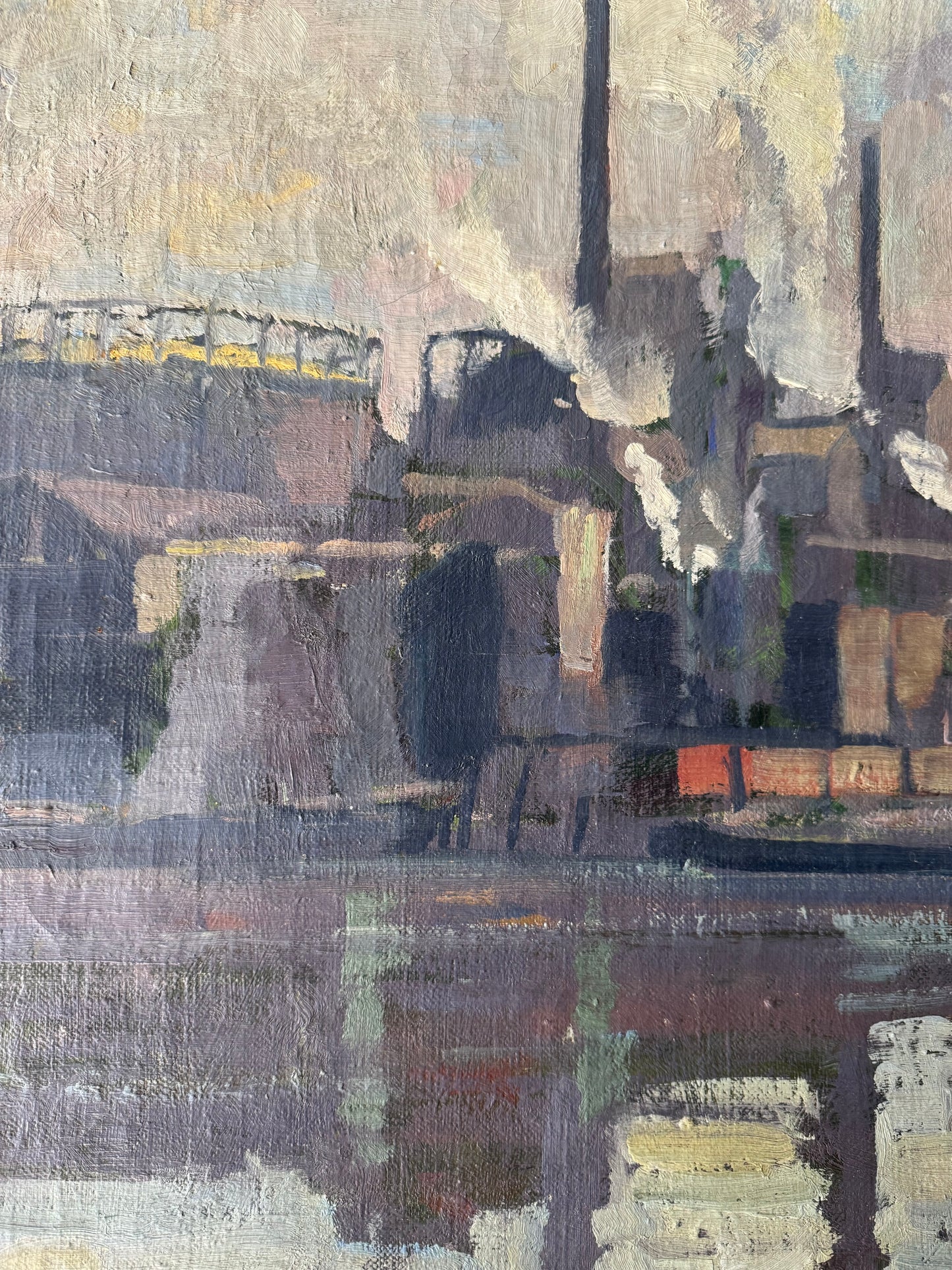 Large Vintage Industrial Landscape Oil On Canvas