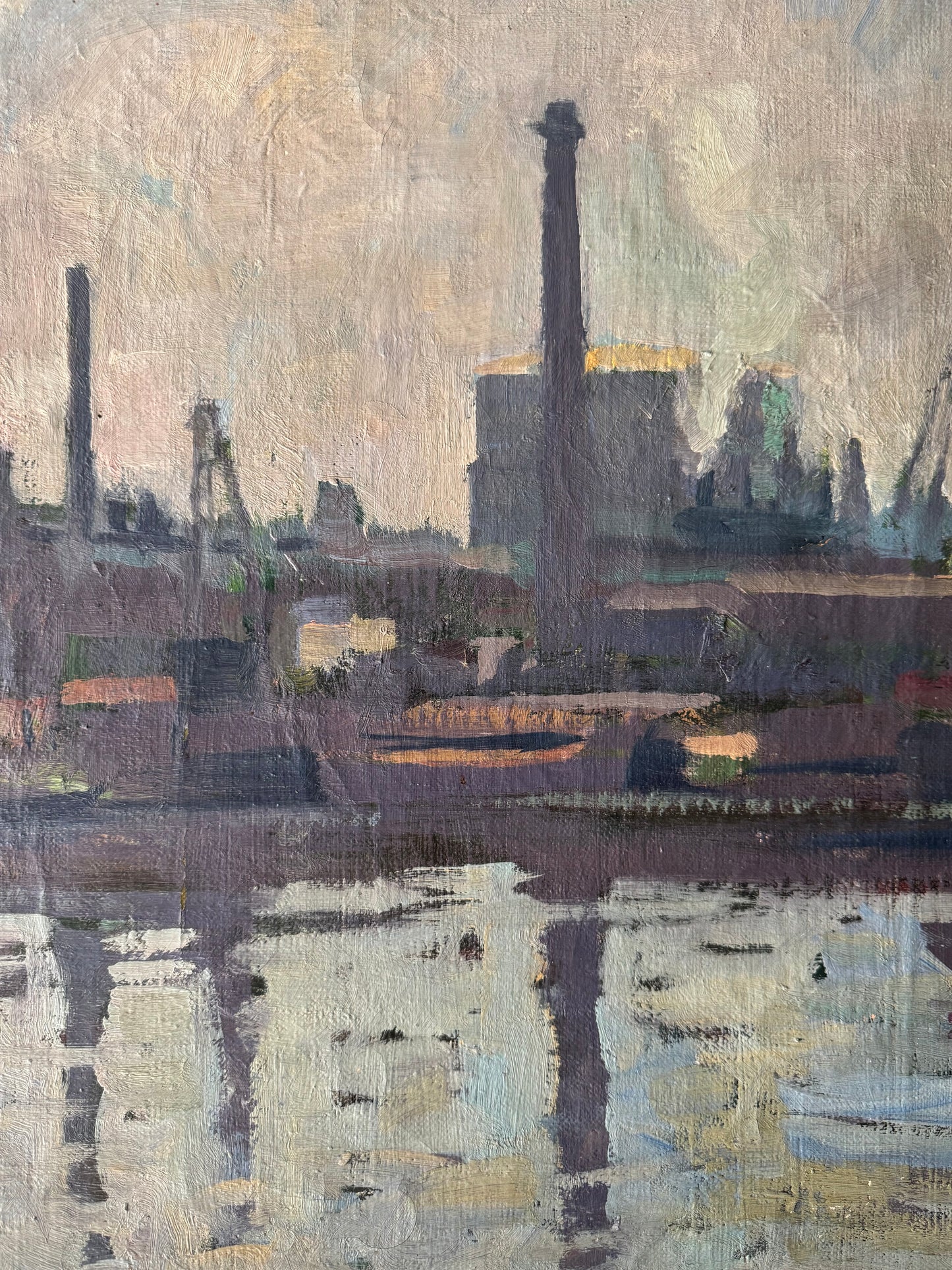Large Vintage Industrial Landscape Oil On Canvas