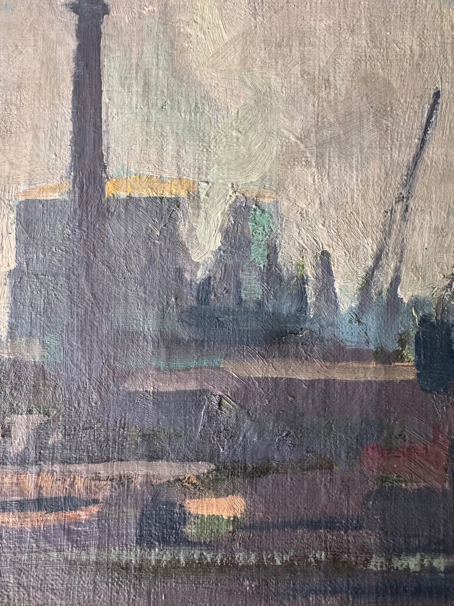 Large Vintage Industrial Landscape Oil On Canvas