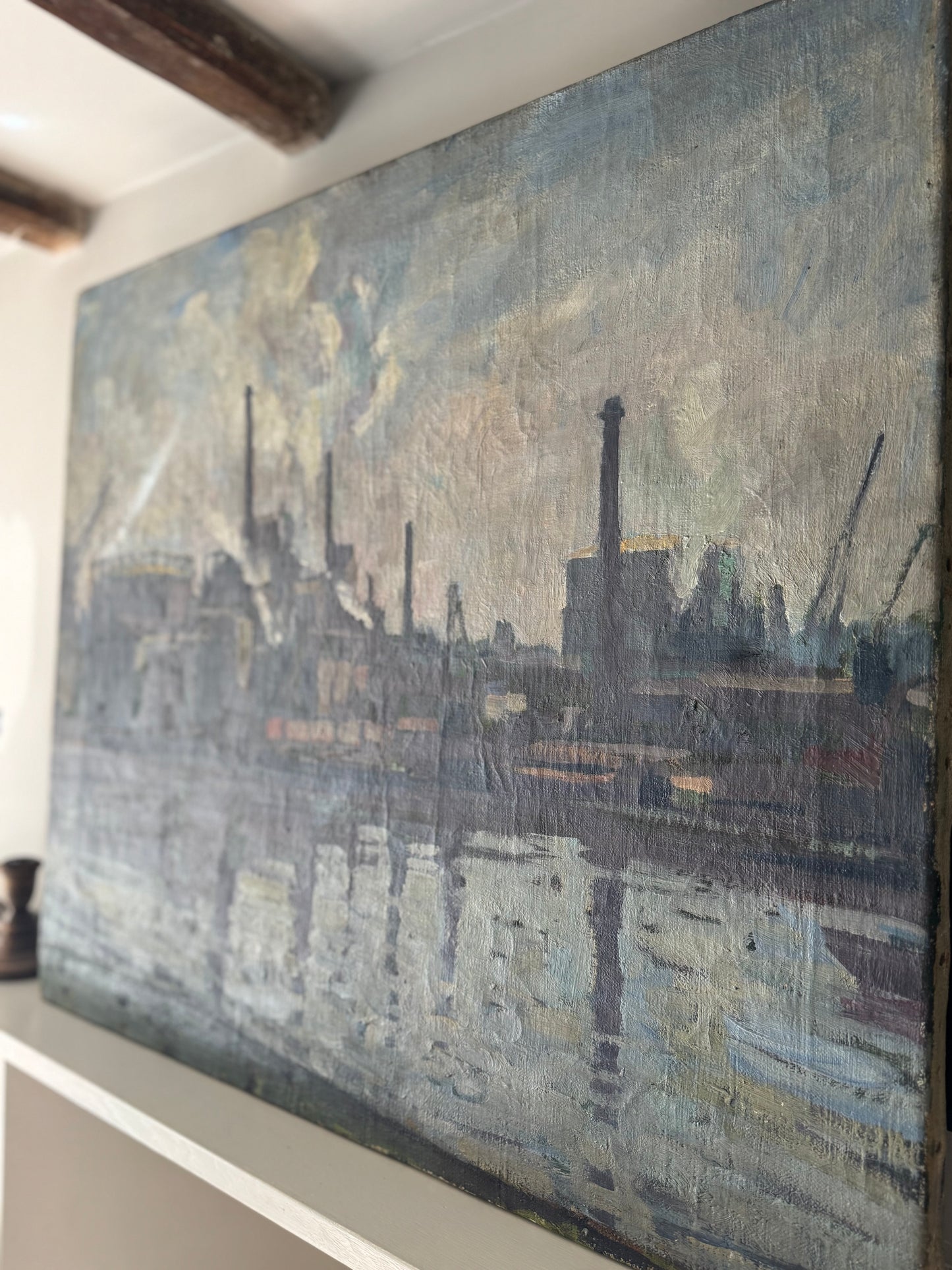 Large Vintage Industrial Landscape Oil On Canvas