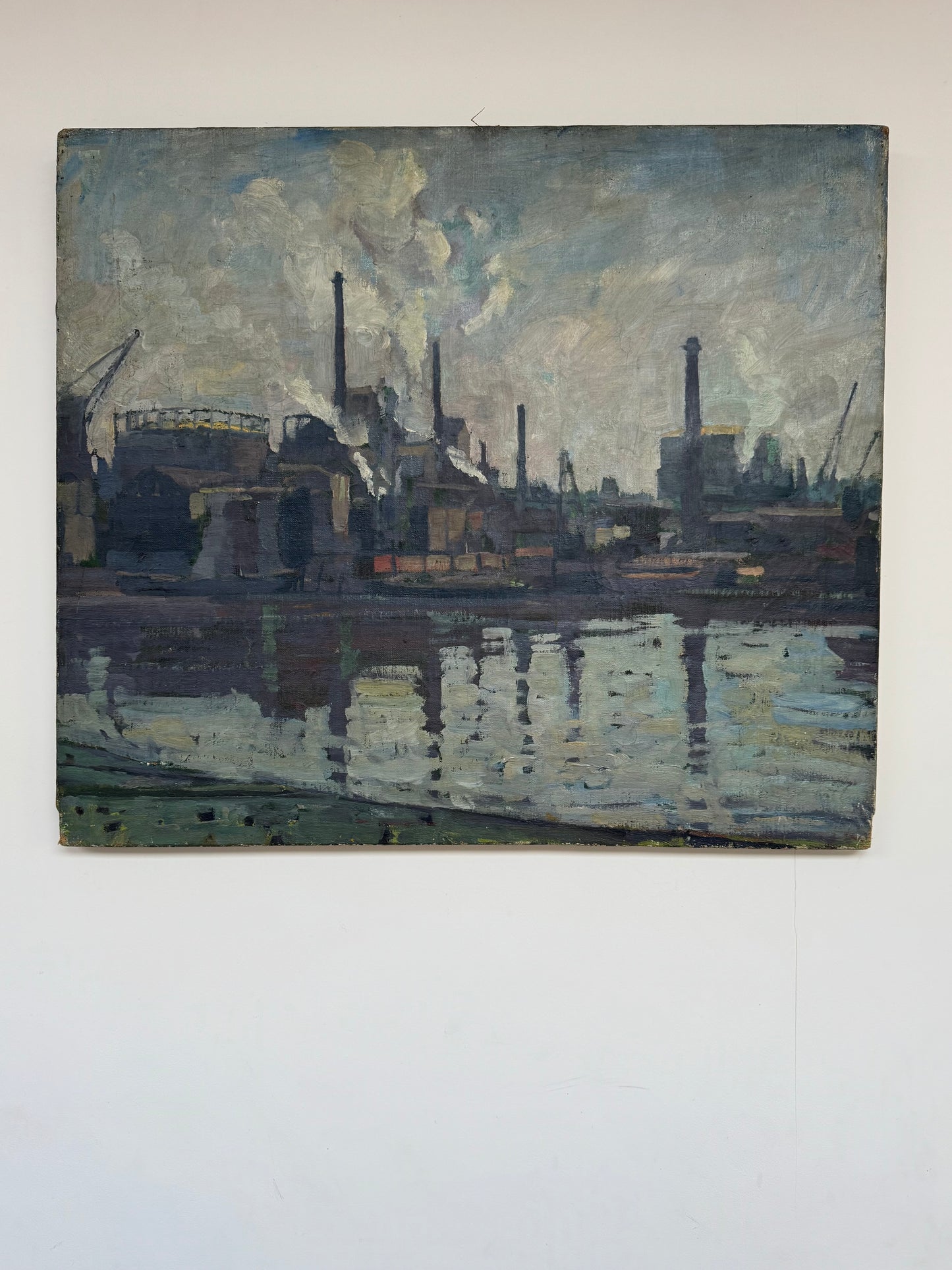 Large Vintage Industrial Landscape Oil On Canvas