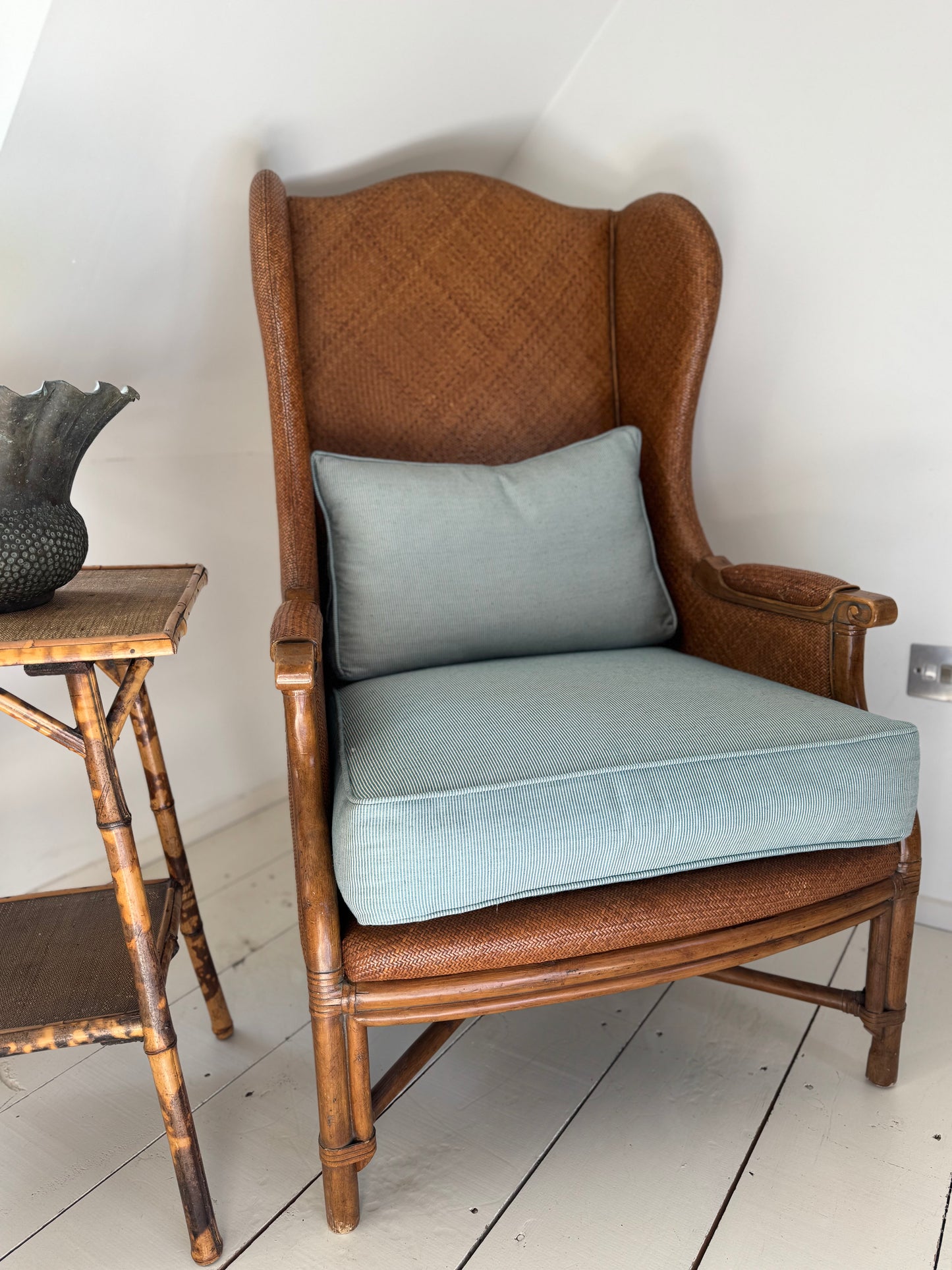 Pair Of Vintage Rattan & Faux Bamboo Wing Back Chairs