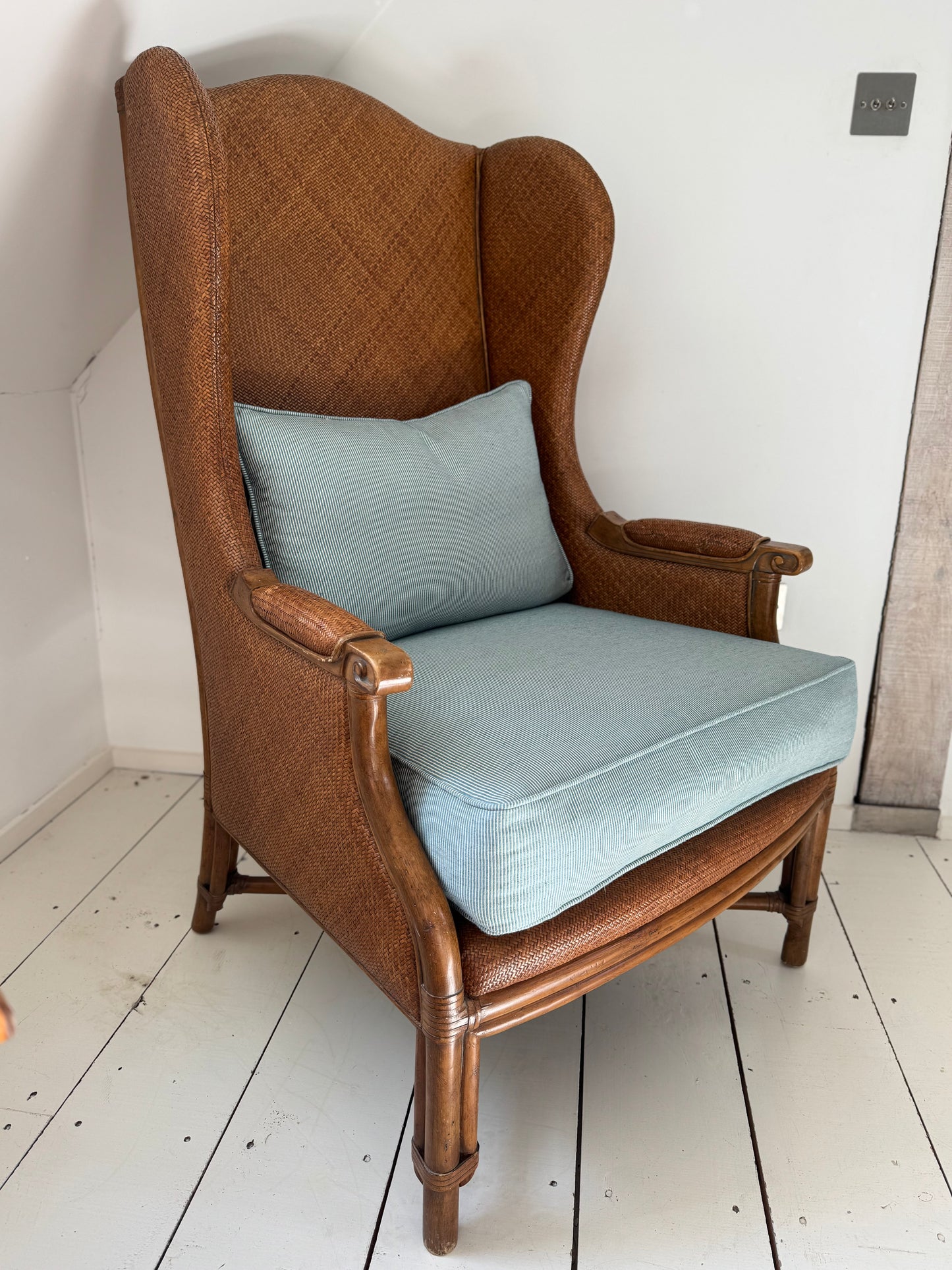 Pair Of Vintage Rattan & Faux Bamboo Wing Back Chairs