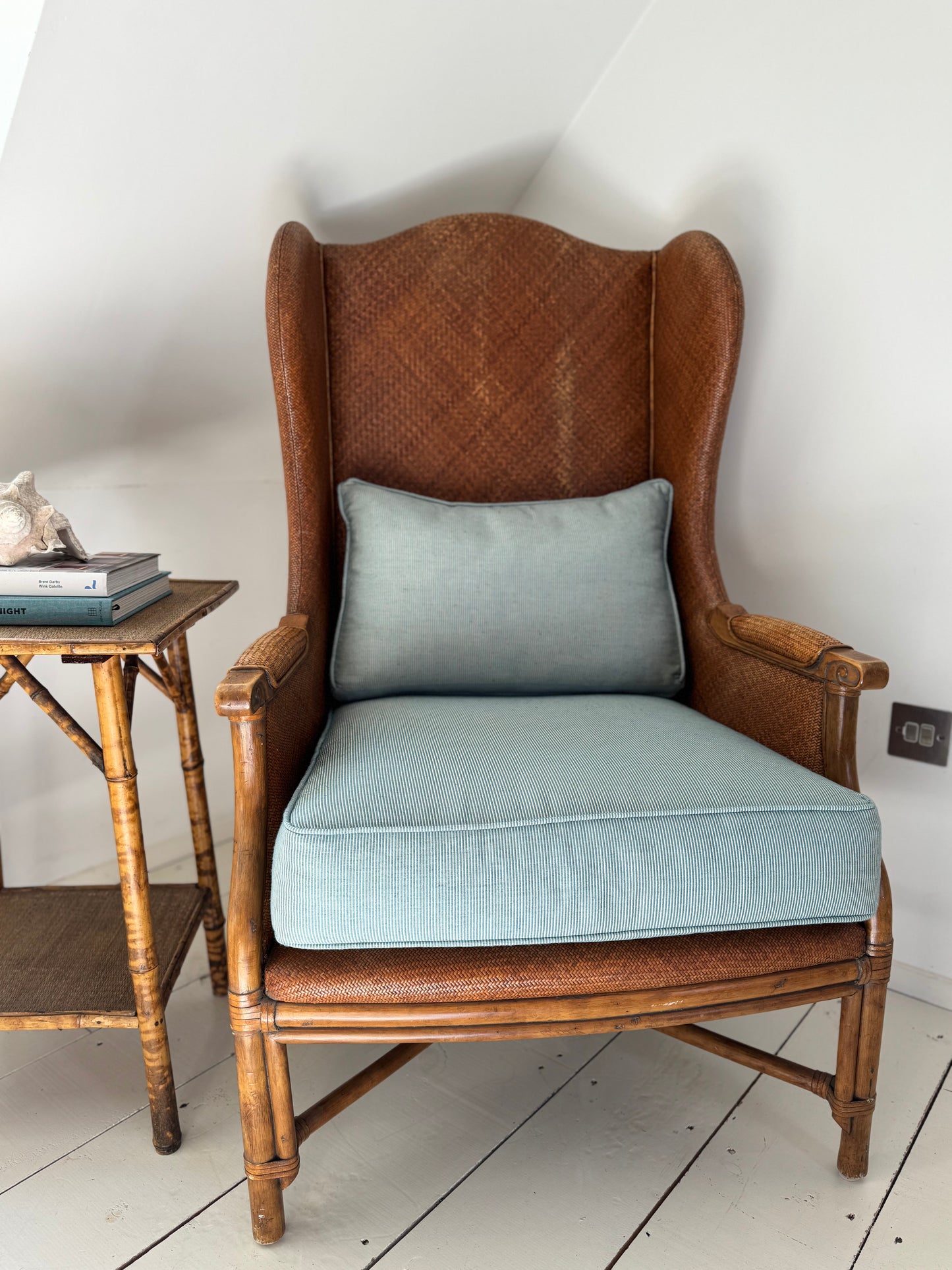Pair Of Vintage Rattan & Faux Bamboo Wing Back Chairs