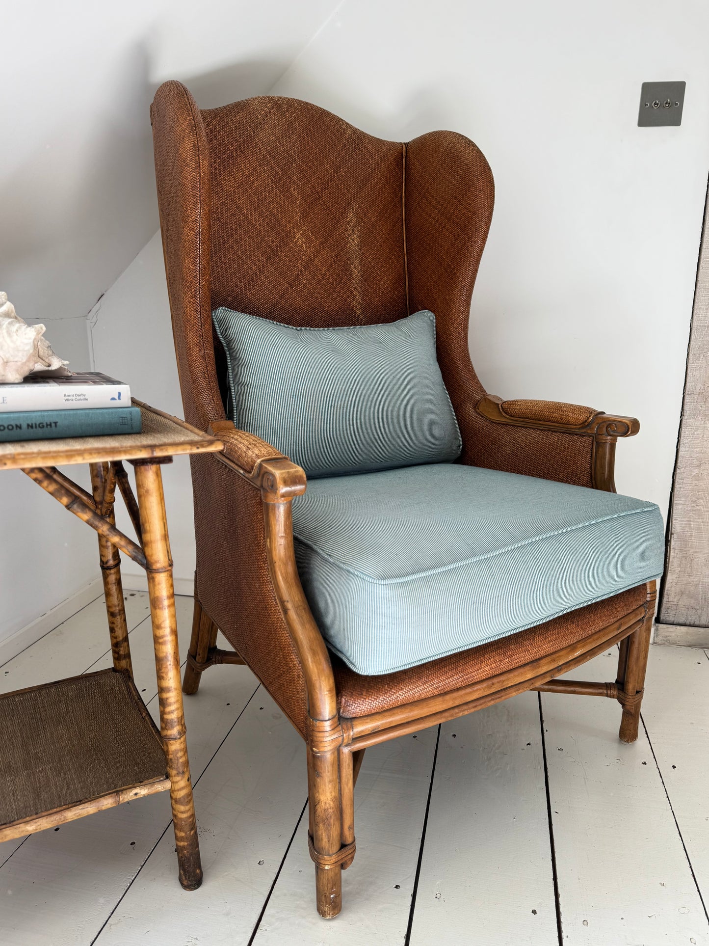Pair Of Vintage Rattan & Faux Bamboo Wing Back Chairs