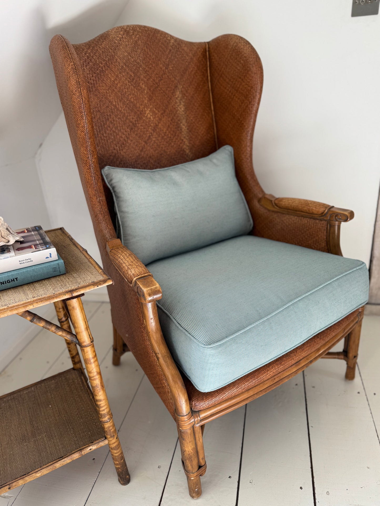 Pair Of Vintage Rattan & Faux Bamboo Wing Back Chairs