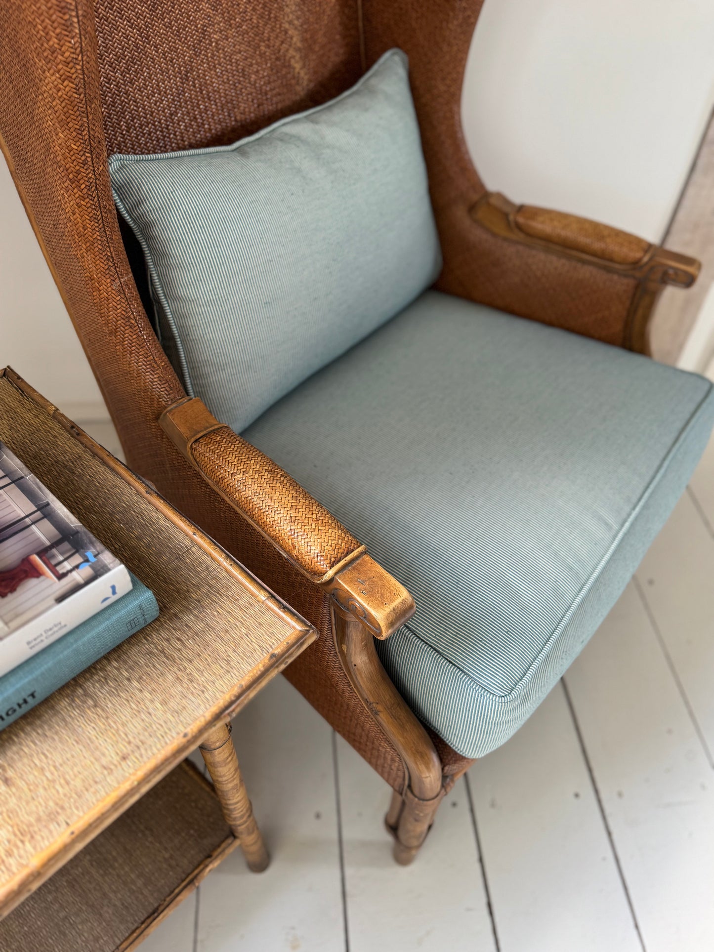 Pair Of Vintage Rattan & Faux Bamboo Wing Back Chairs