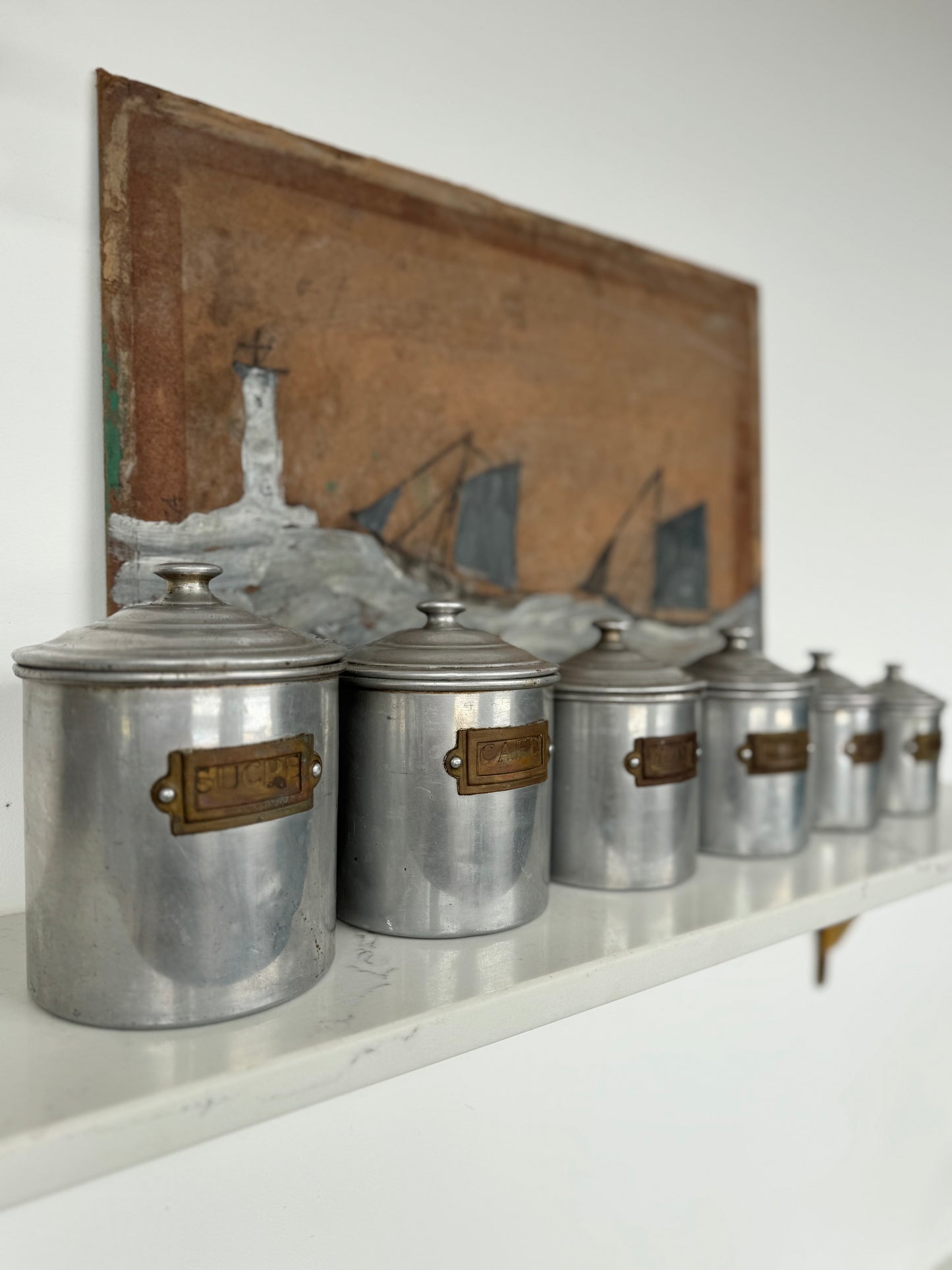 Set Of 6 Vintage French Aluminium Stacking Canisters