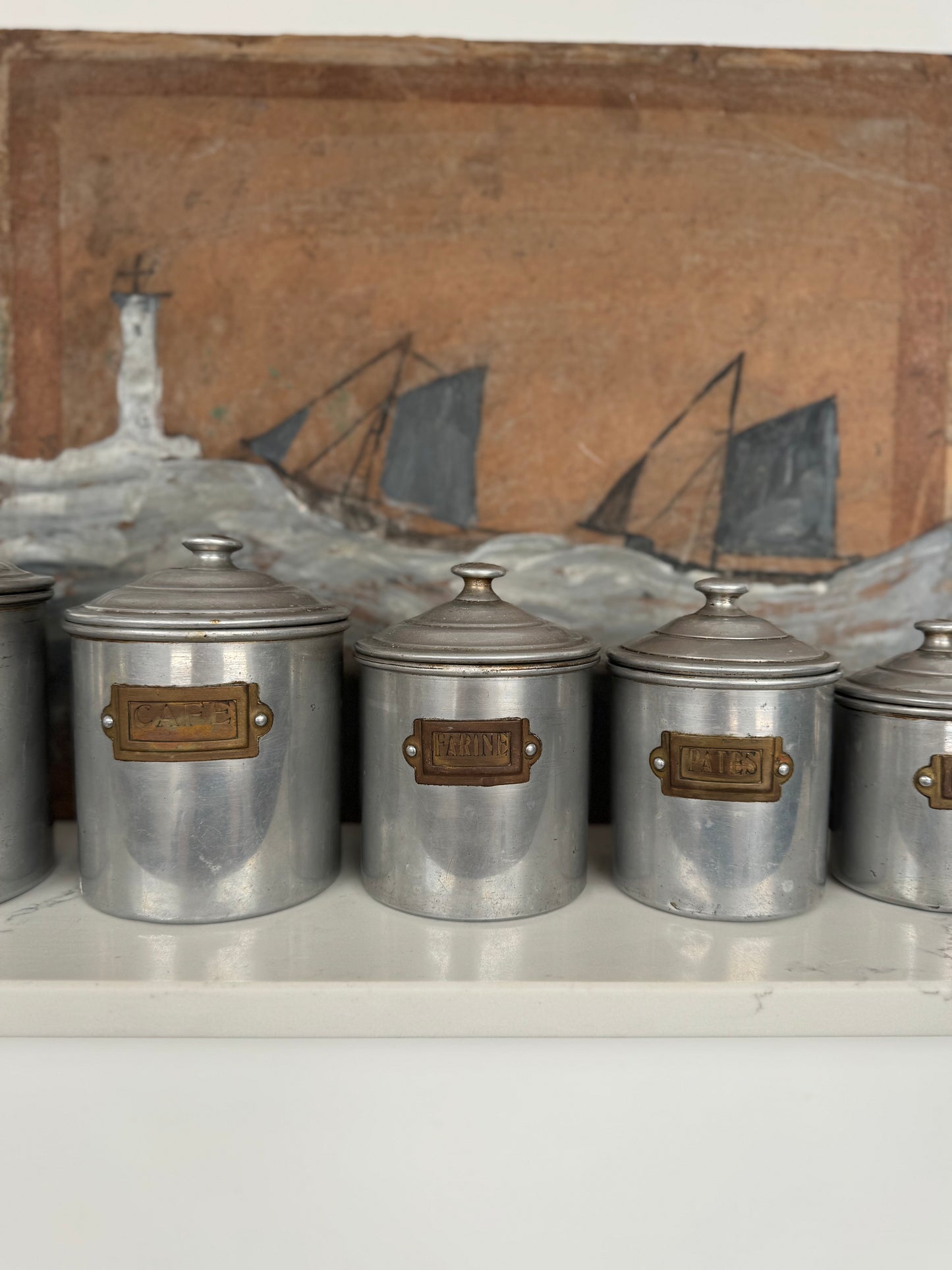 Set Of 6 Vintage French Aluminium Stacking Canisters