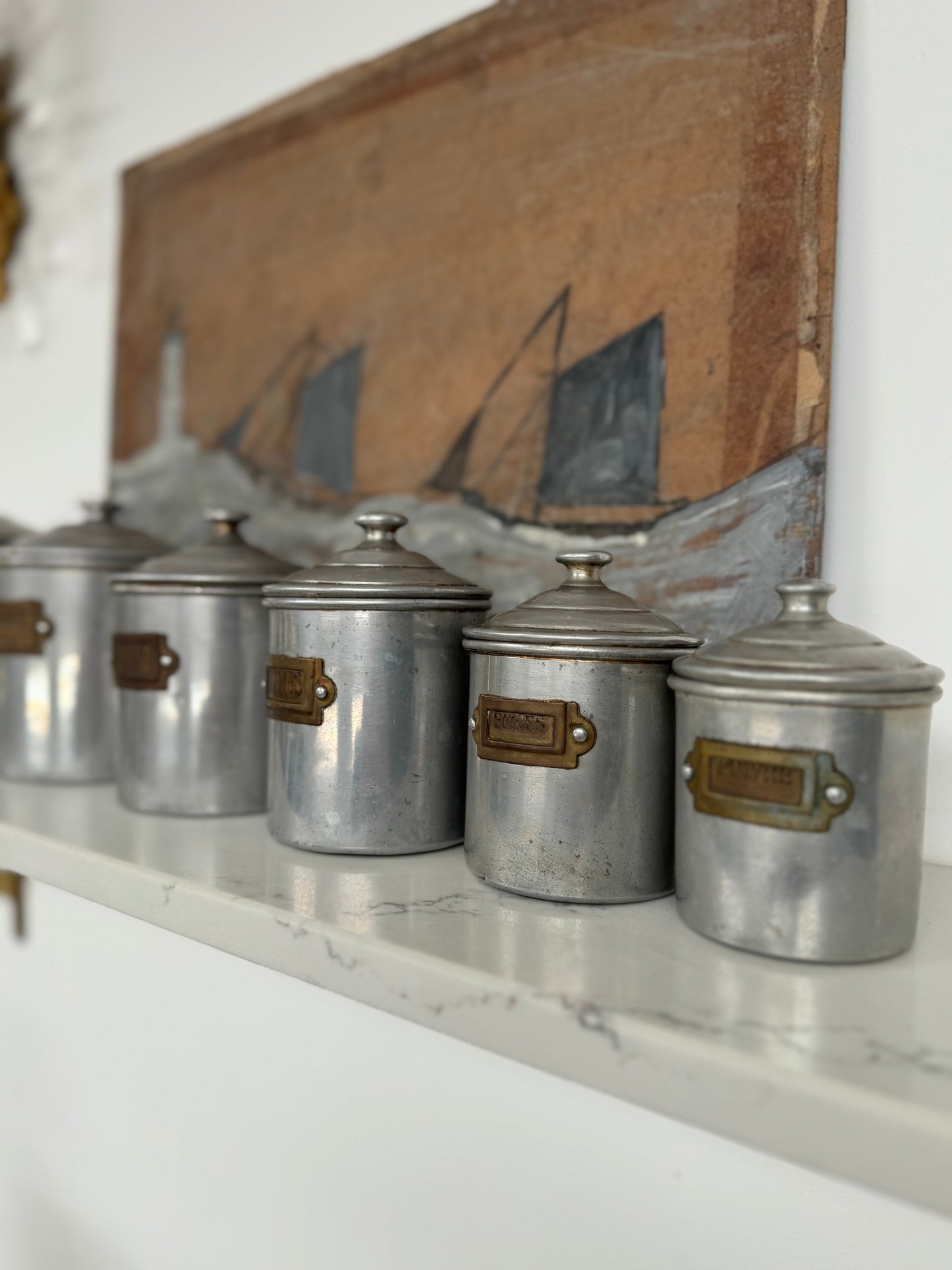 Set Of 6 Vintage French Aluminium Stacking Canisters