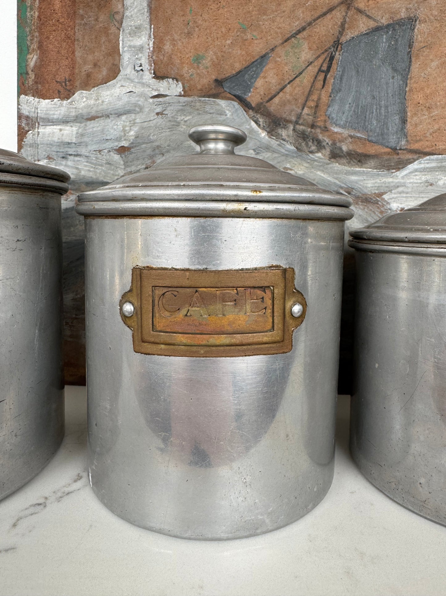 Set Of 6 Vintage French Aluminium Stacking Canisters