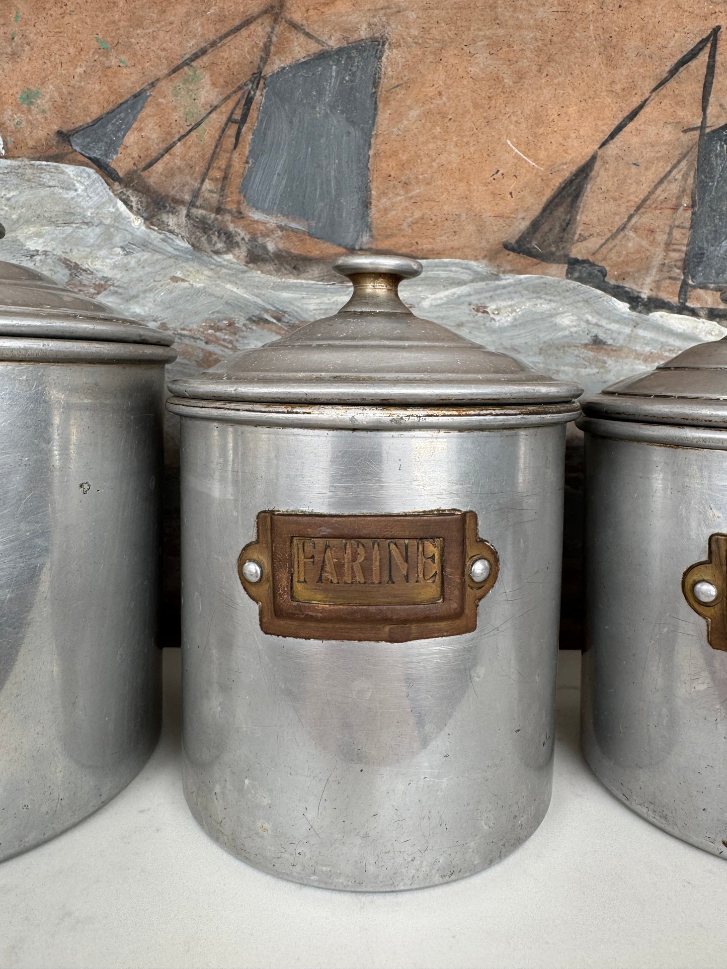 Set Of 6 Vintage French Aluminium Stacking Canisters