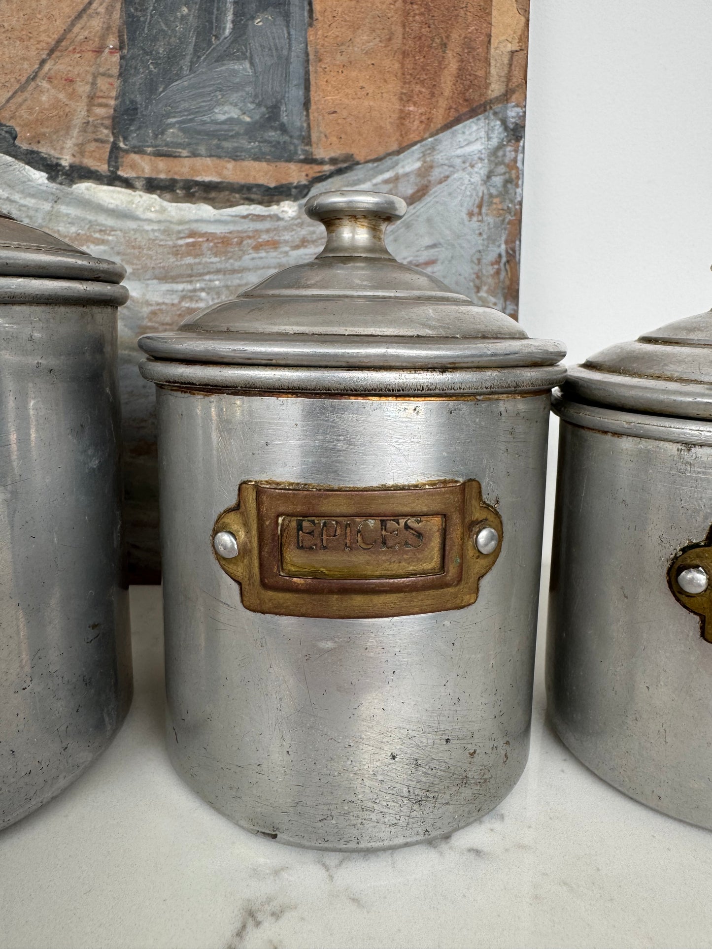Set Of 6 Vintage French Aluminium Stacking Canisters