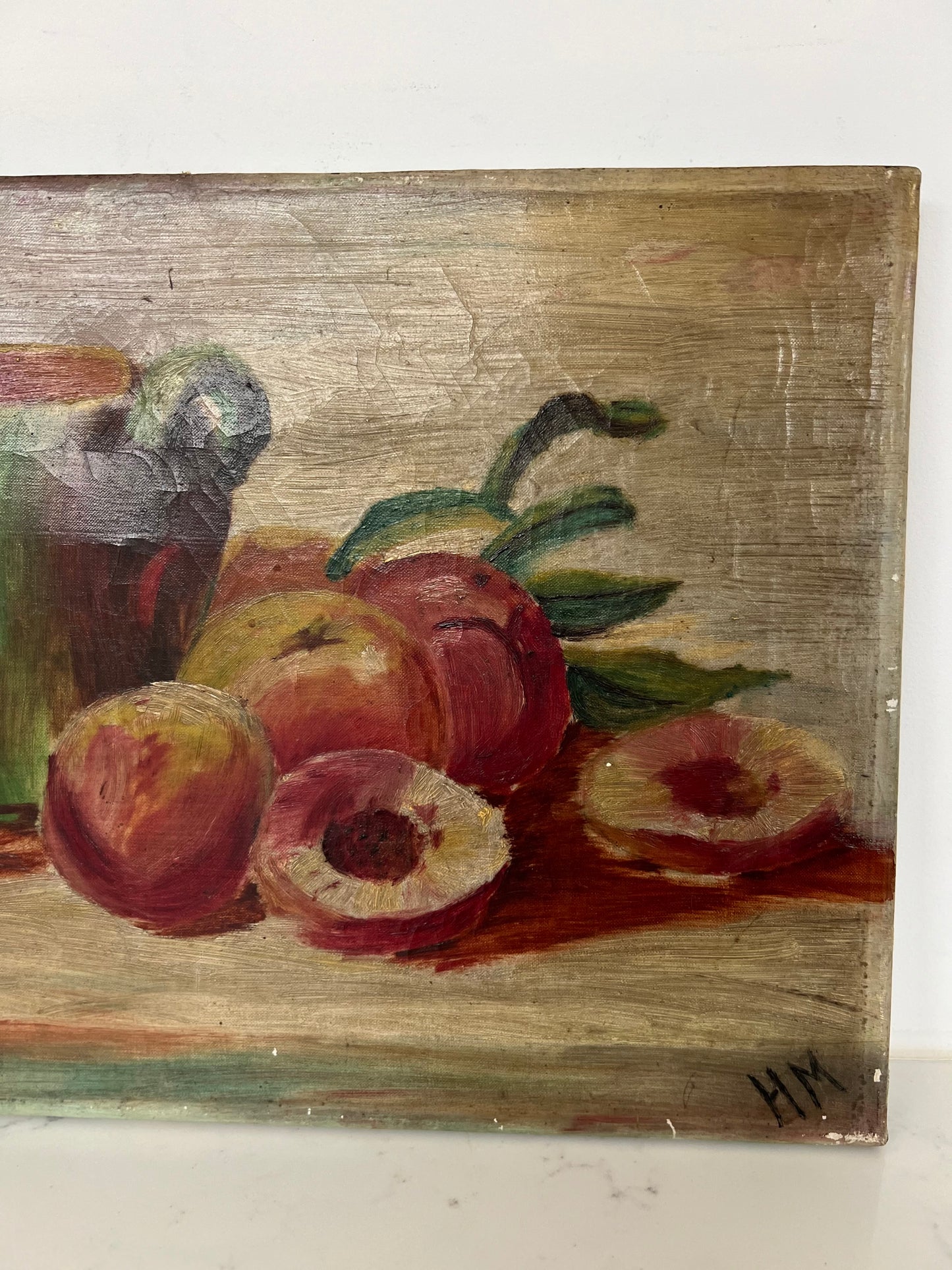 Vintage French Still Life Peaches Oil on Canvas