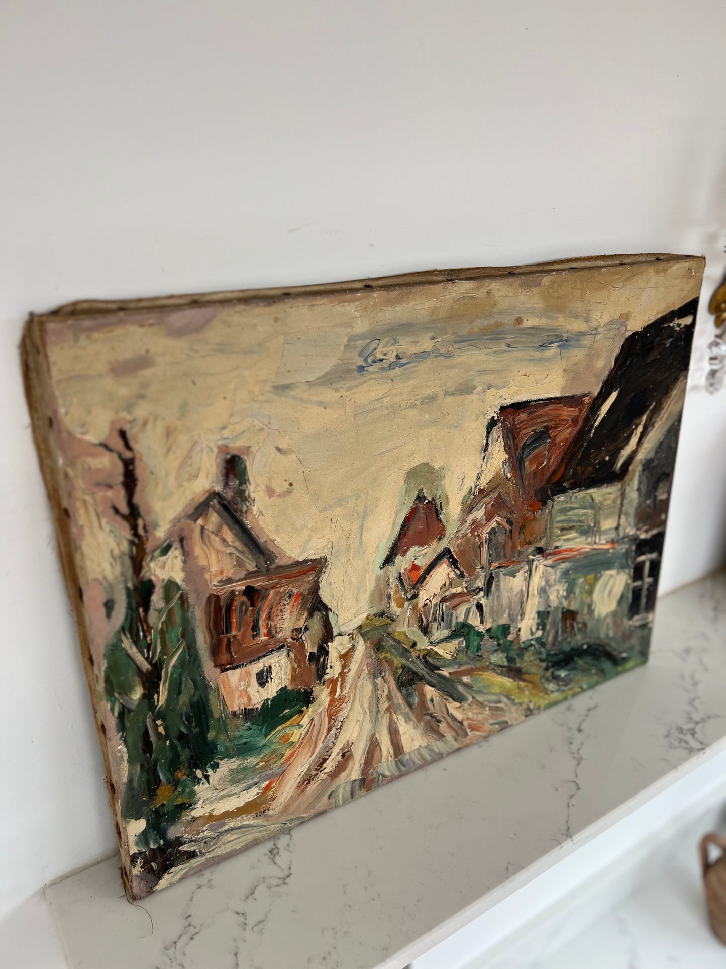 Vintage French Rural Village Scene Oil on Canvas