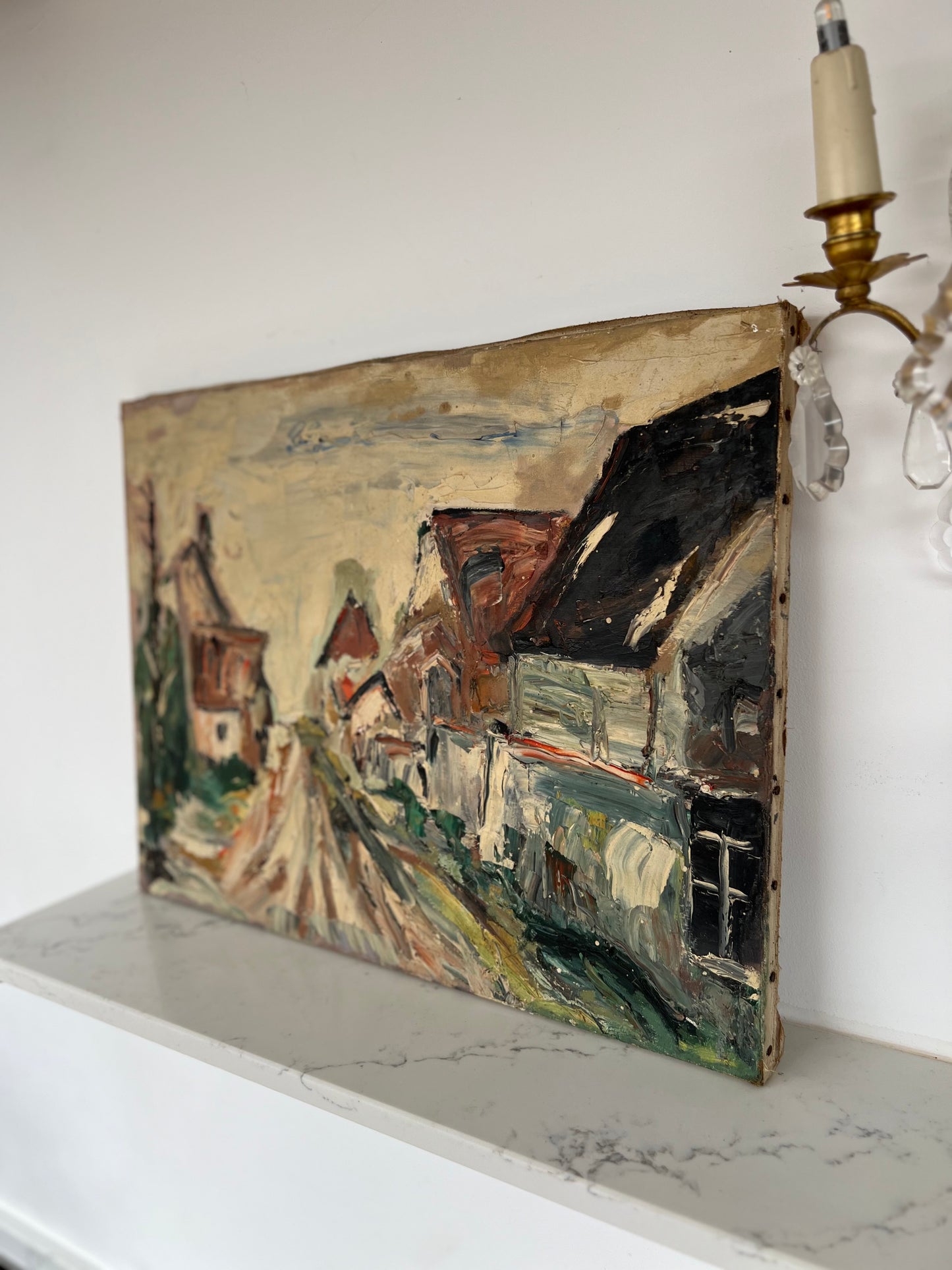 Vintage French Rural Village Scene Oil on Canvas