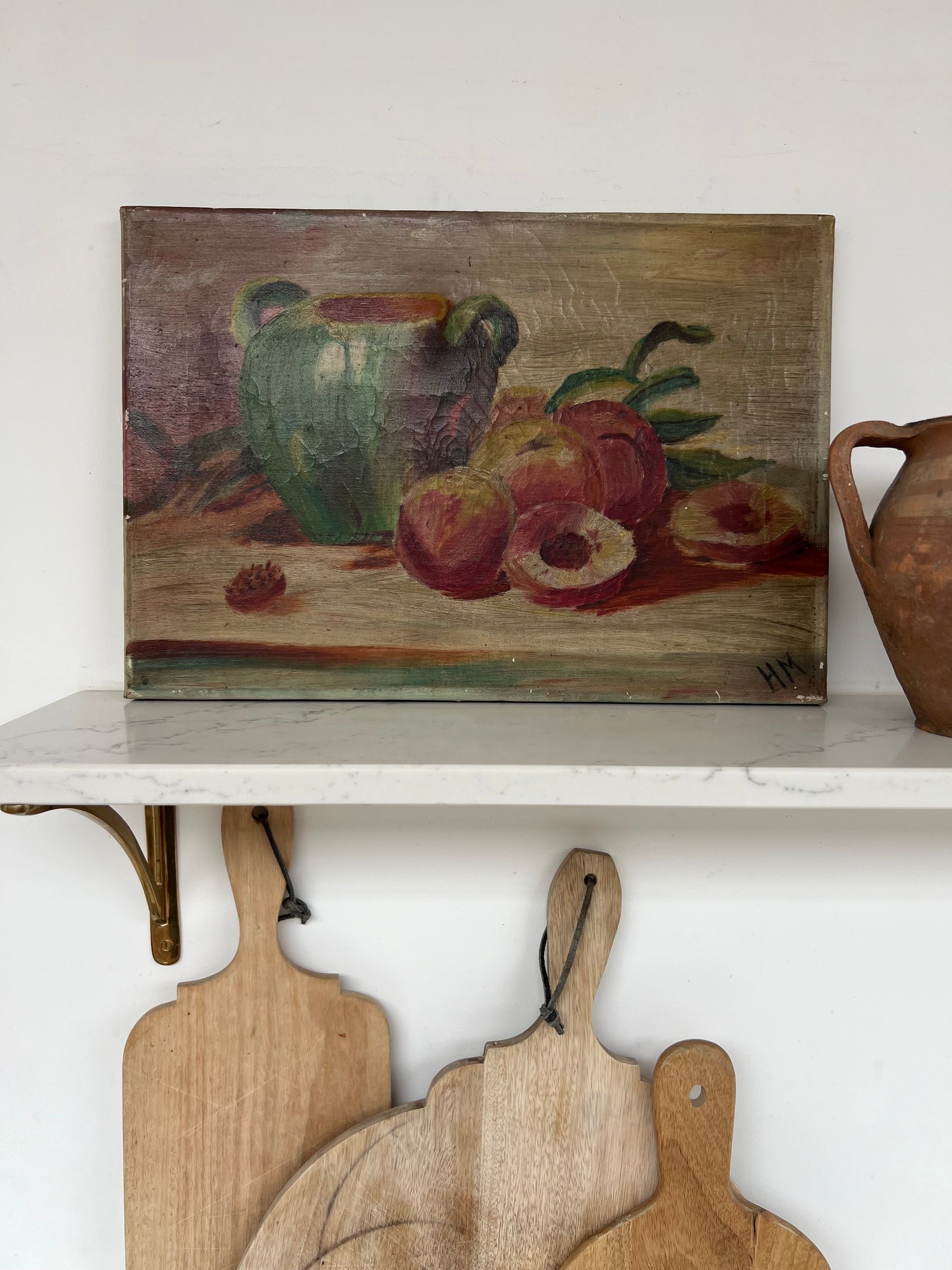 Vintage French Still Life Peaches Oil on Canvas