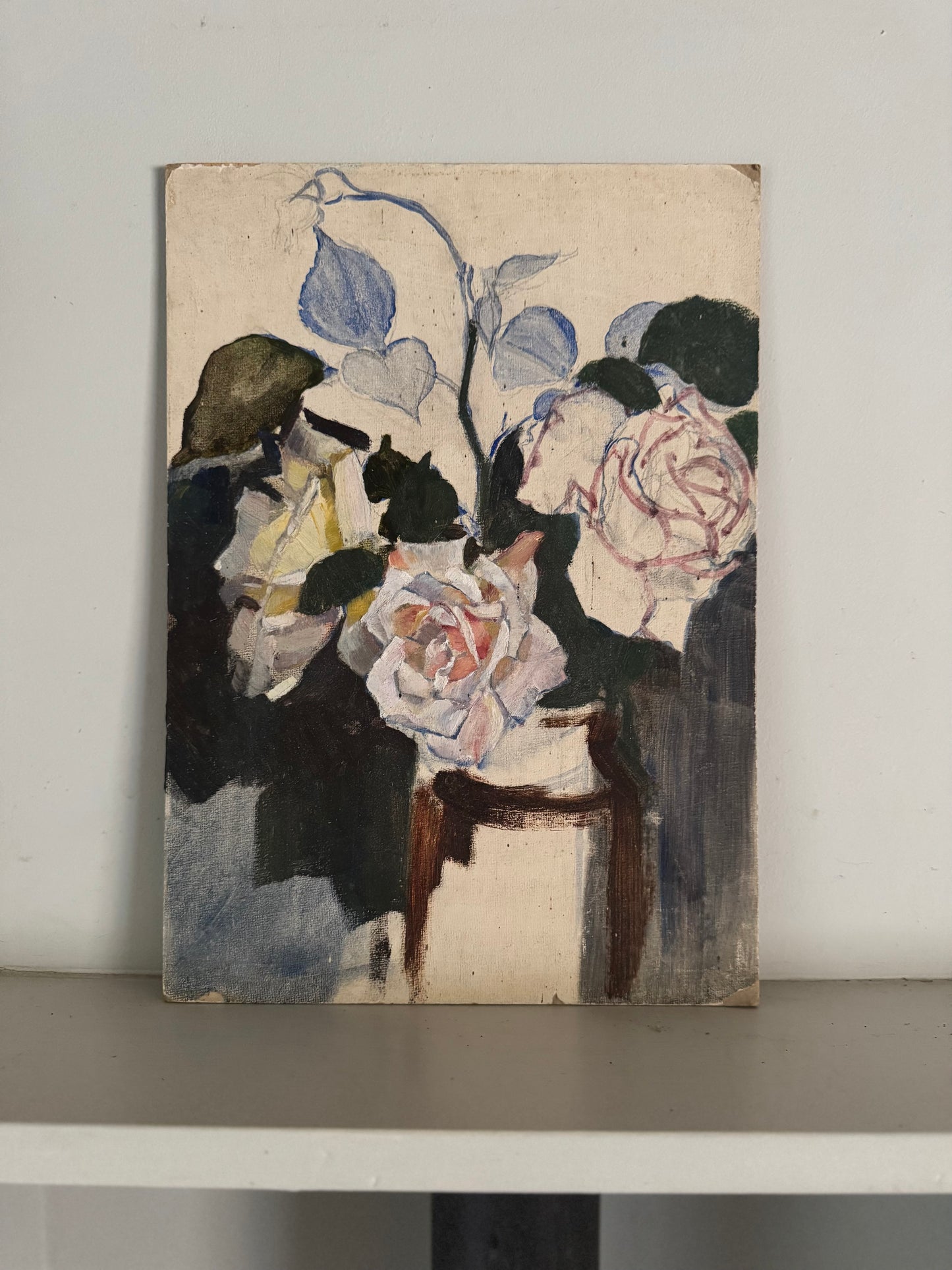 Vintage Unfinished Roses Still Life On Board