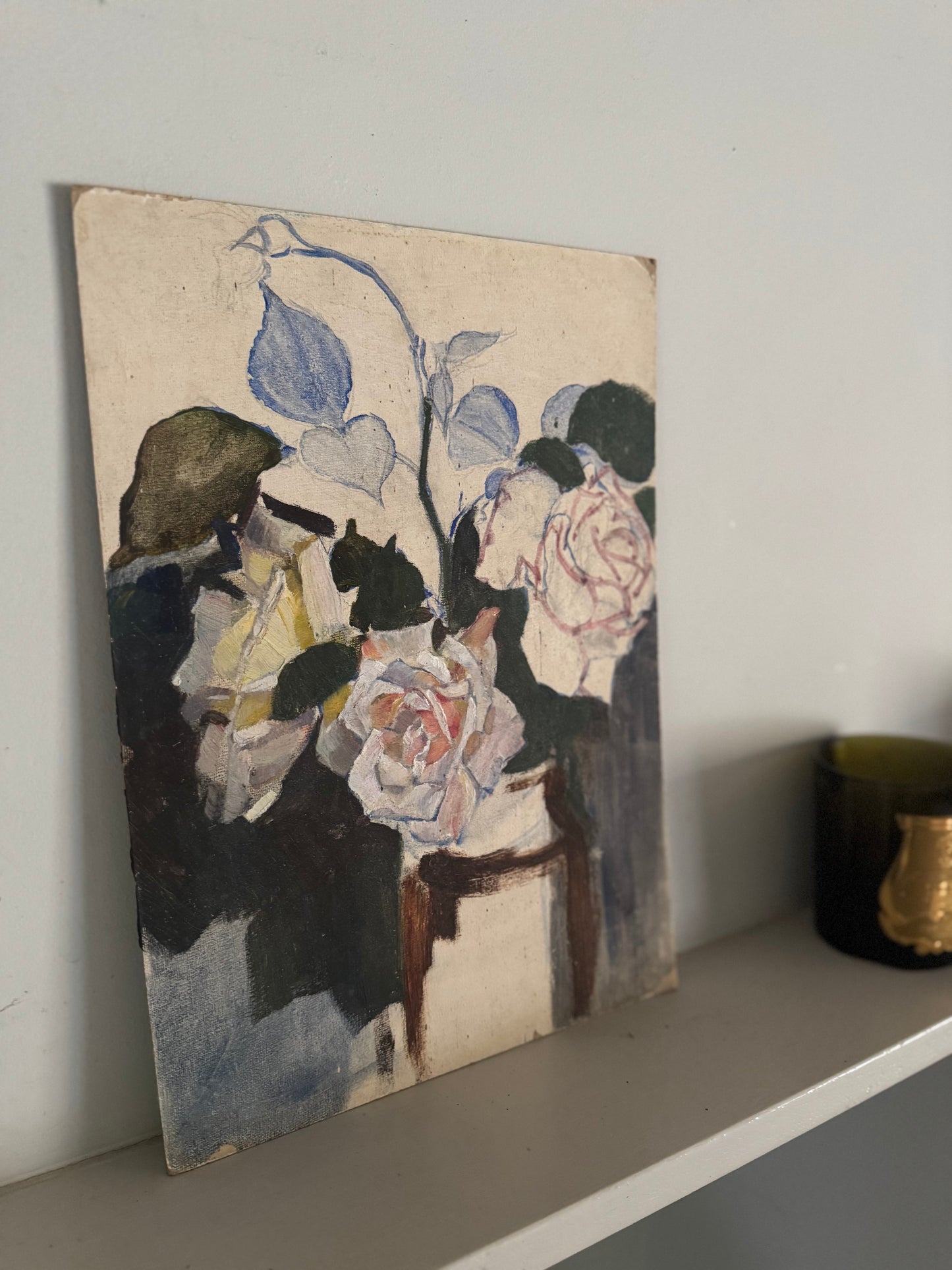 Vintage Unfinished Roses Still Life On Board