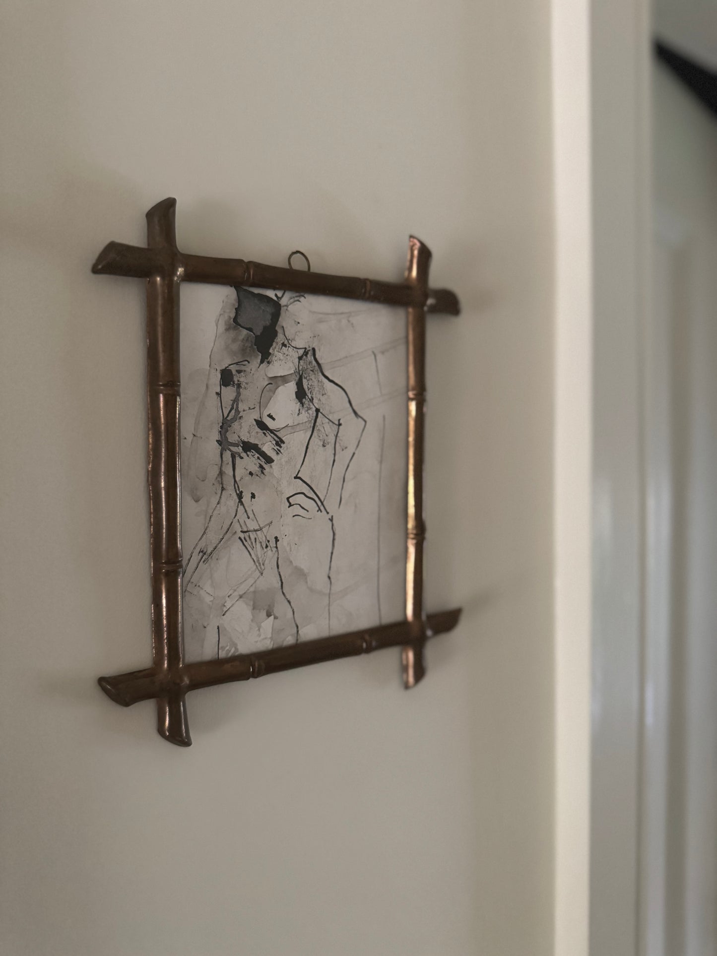Small Vintage Ink Nude Drawing In French Faux Bamboo Brass Frame
